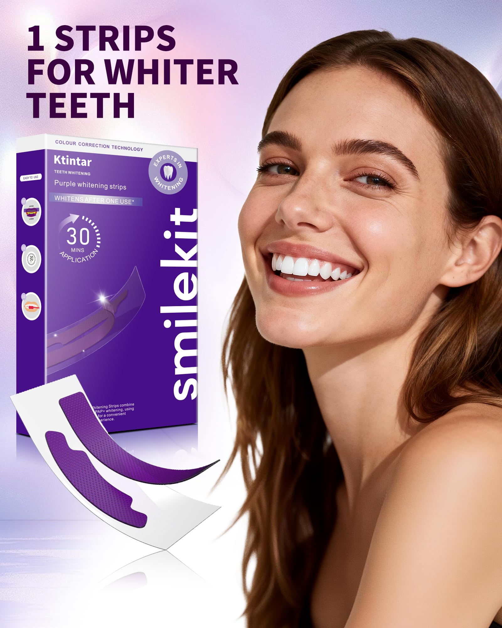 Purple Whitening Strips, Color Correcting Purple Teeth Whitening Strips, Removes Yellow Stains, Enamel Safe for Sensitive Tooth, 30 Min Treatment, 14 Treatmetnts, 28 Strips — view 4