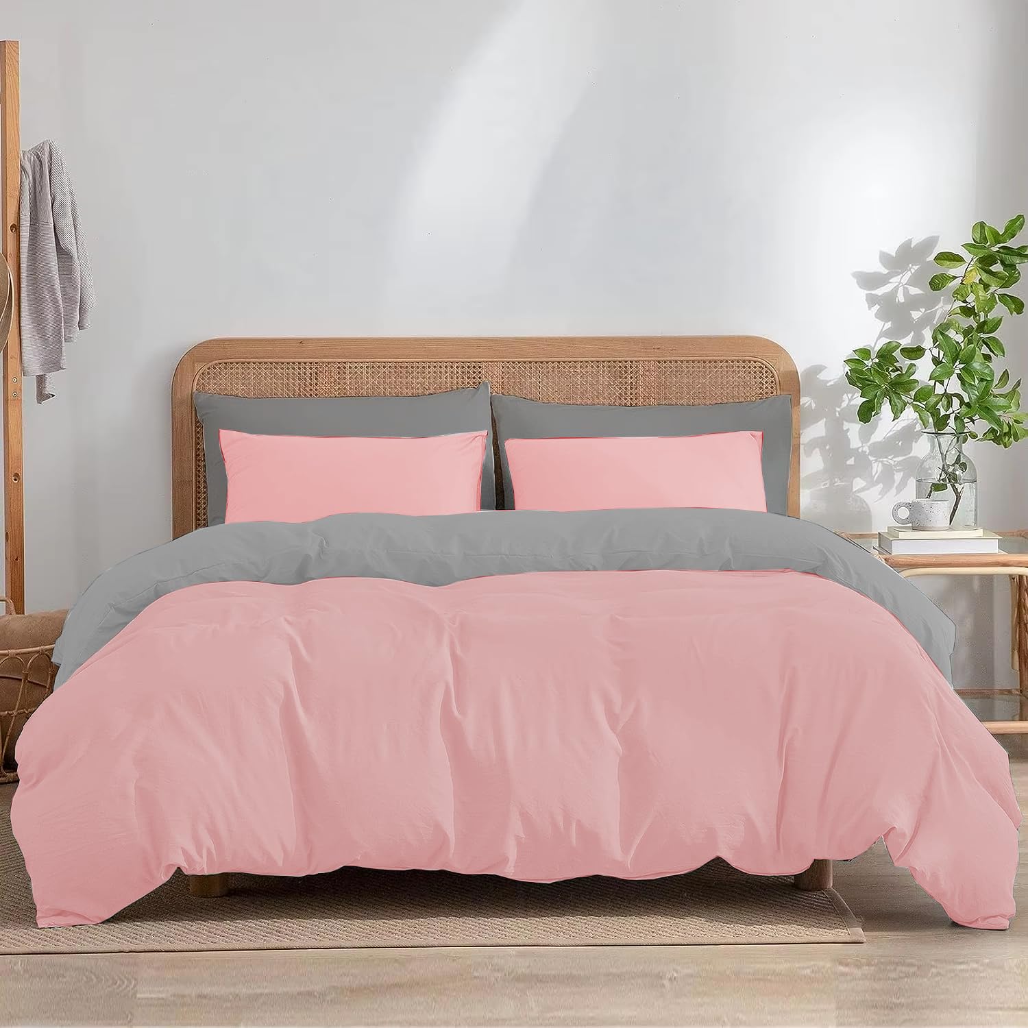 Ev Dekor Double Duvet Cover Sets - Reversible Brushed Microfiber Bedding- Plain Dye Quilt Cover with Pillowcase - Pink/Grey