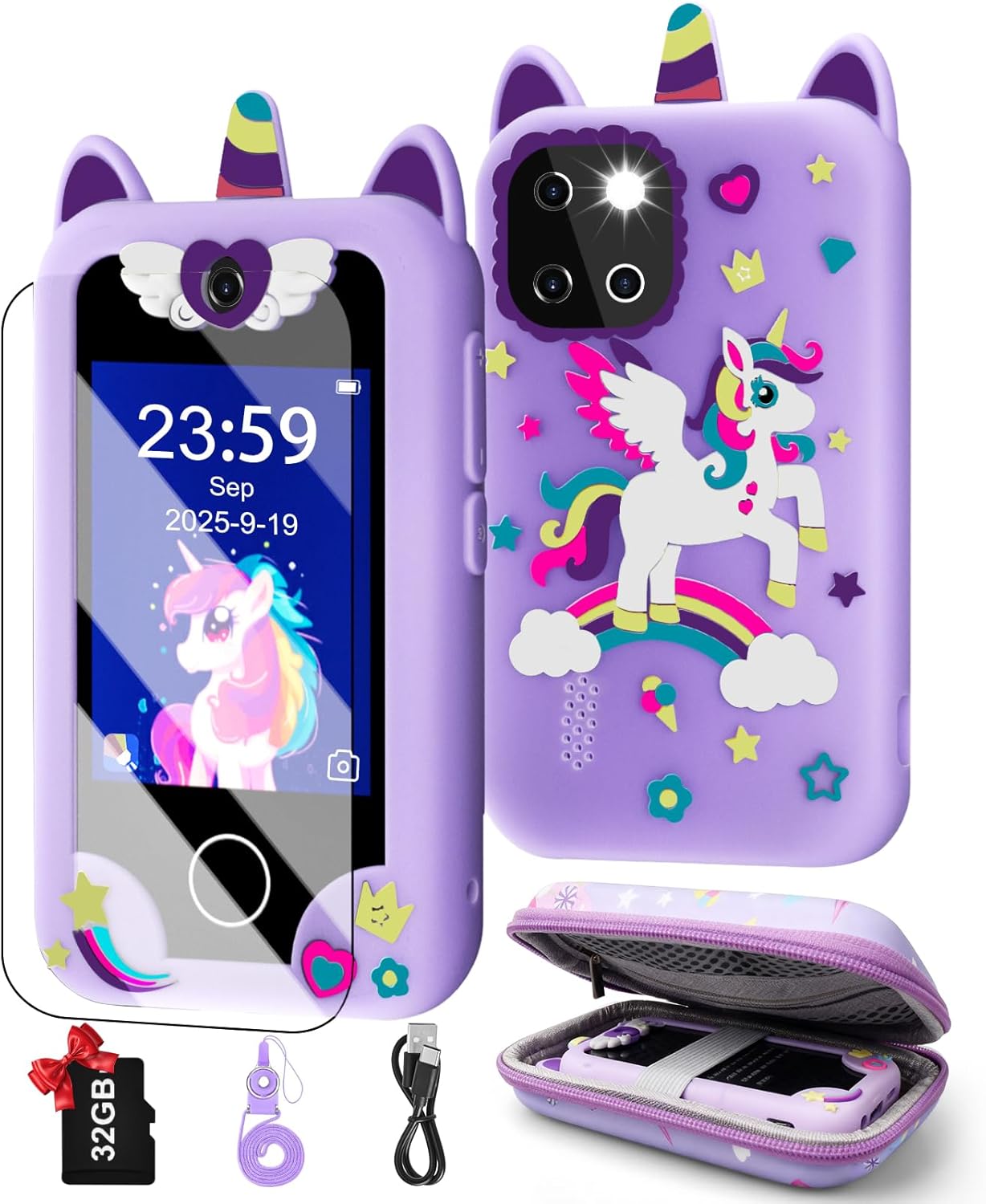 Kids Smart Phone for Girls, Christmas Birthday Gifts for Girls Age 3-10 Kids Toys Cell Phone, 2.8" Touchscreen Toddler Learning Play Toy Phone with Dual Camera, Game, Music Player, 32GB Card & Bag