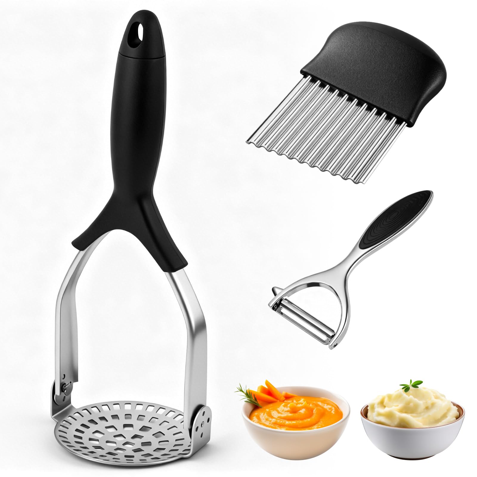 3 Pcs Machacador de Patatas, Acero Inoxidable Aplastador Patatas Cocidas, Manual Pasapures, Pasa Pures Cocina, Potato Masher con Cortador Ondulado para Aguacate, Frijoles, Carne, Verduras