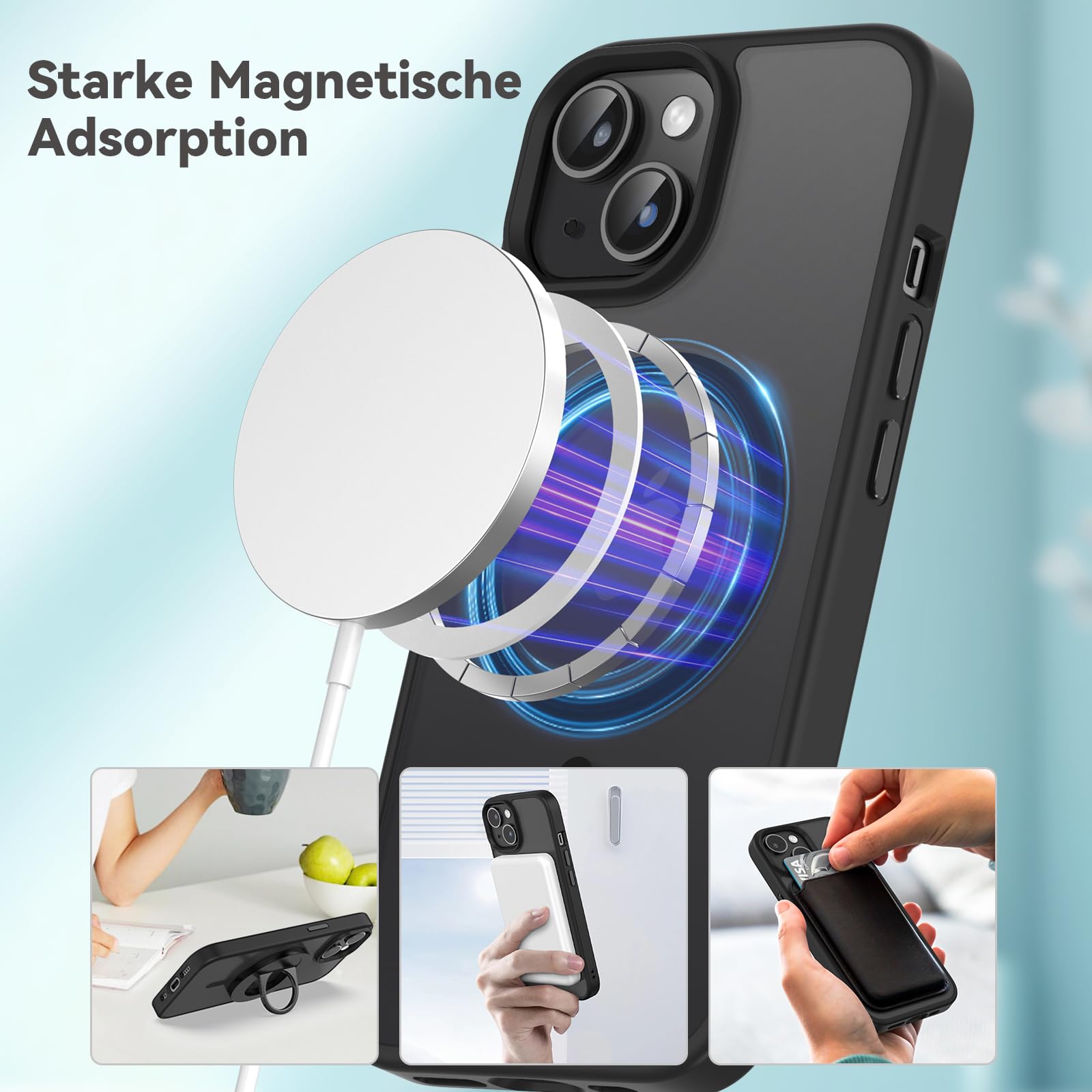 Natiiozie Magnetica Cover per iPhone 13/iPhone 14 Compatibile con MagSafe Custodia Traslucida Opaca Posteriore, Antiurto Anti-impronta Resistente ai Graffi Protettiva Case,Nero