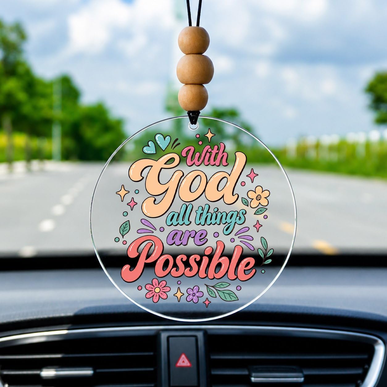 Talataca Christian 2D Flat Car Ornaments & Wood Beads, Inspirational Quote Beaded Rear View Mirror Accessories, Rearview Hanging Charm, Christmas Tree Decor, Religious Gift