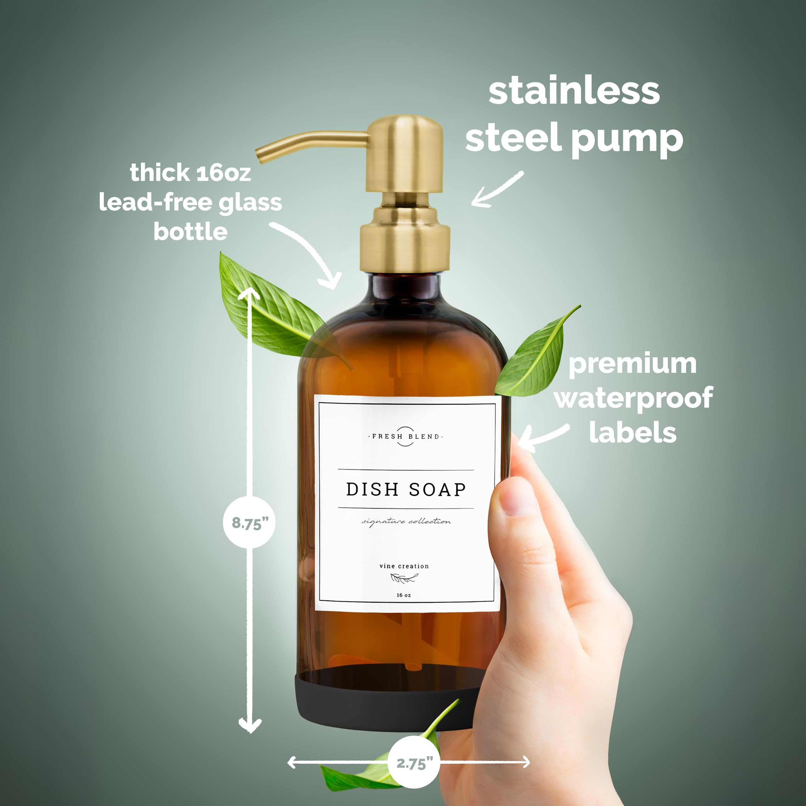 Vine Creations - Dispensador de jabón de vidrio ámbar, juego de 2 dispensadores de jabón de cocina con bomba de acero inoxidable, dispensadores de jabón de manos y jabón para platos de 454 ml para
