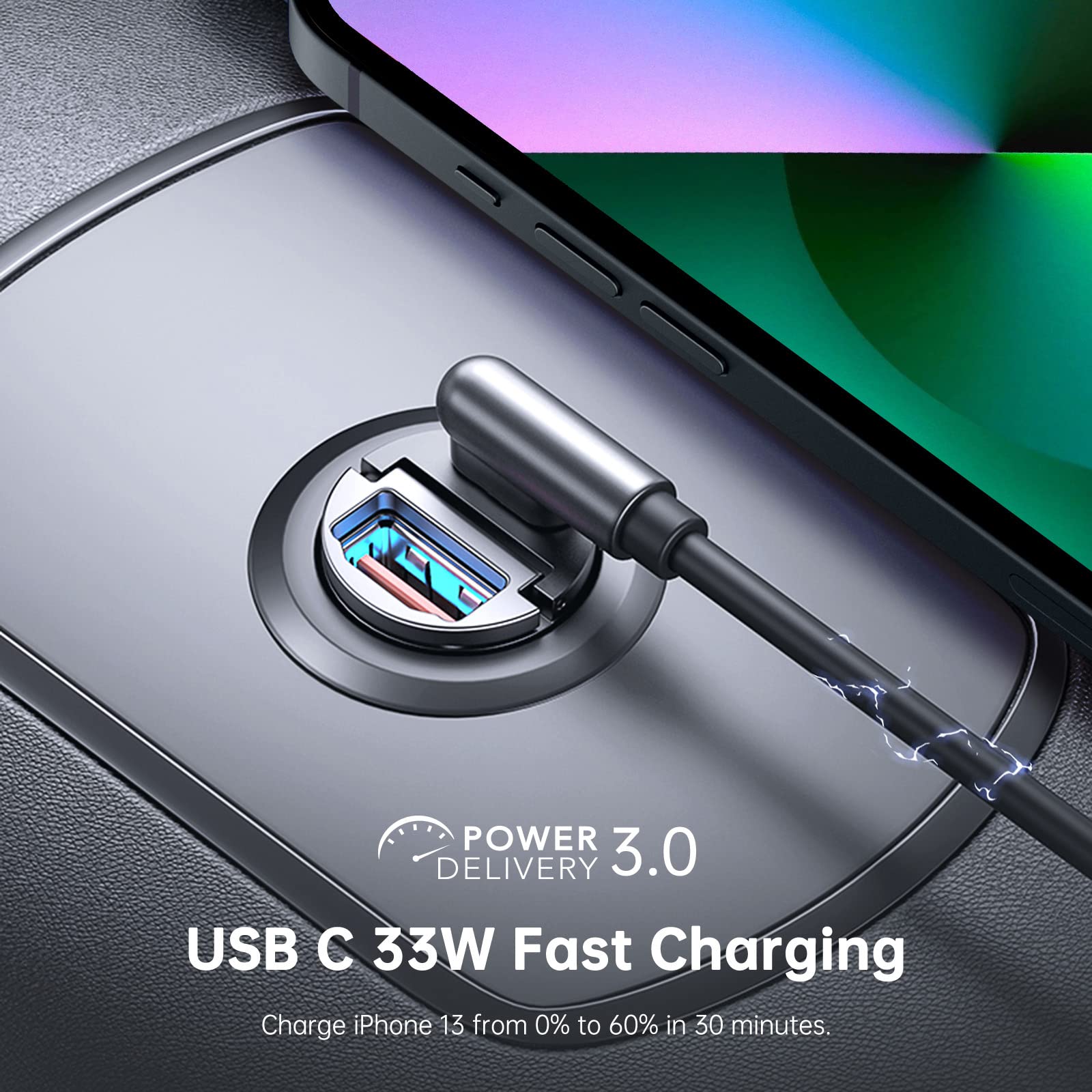 Omars Ładowarka samochodowa 63W [USB-C 33W + USB-A 30W] 5A Szybkie ładowanie z pierścieniem pociągowym, dla iPhone12 Pro MAX Mini Samsung S21 Huawei LG iPad Airpods