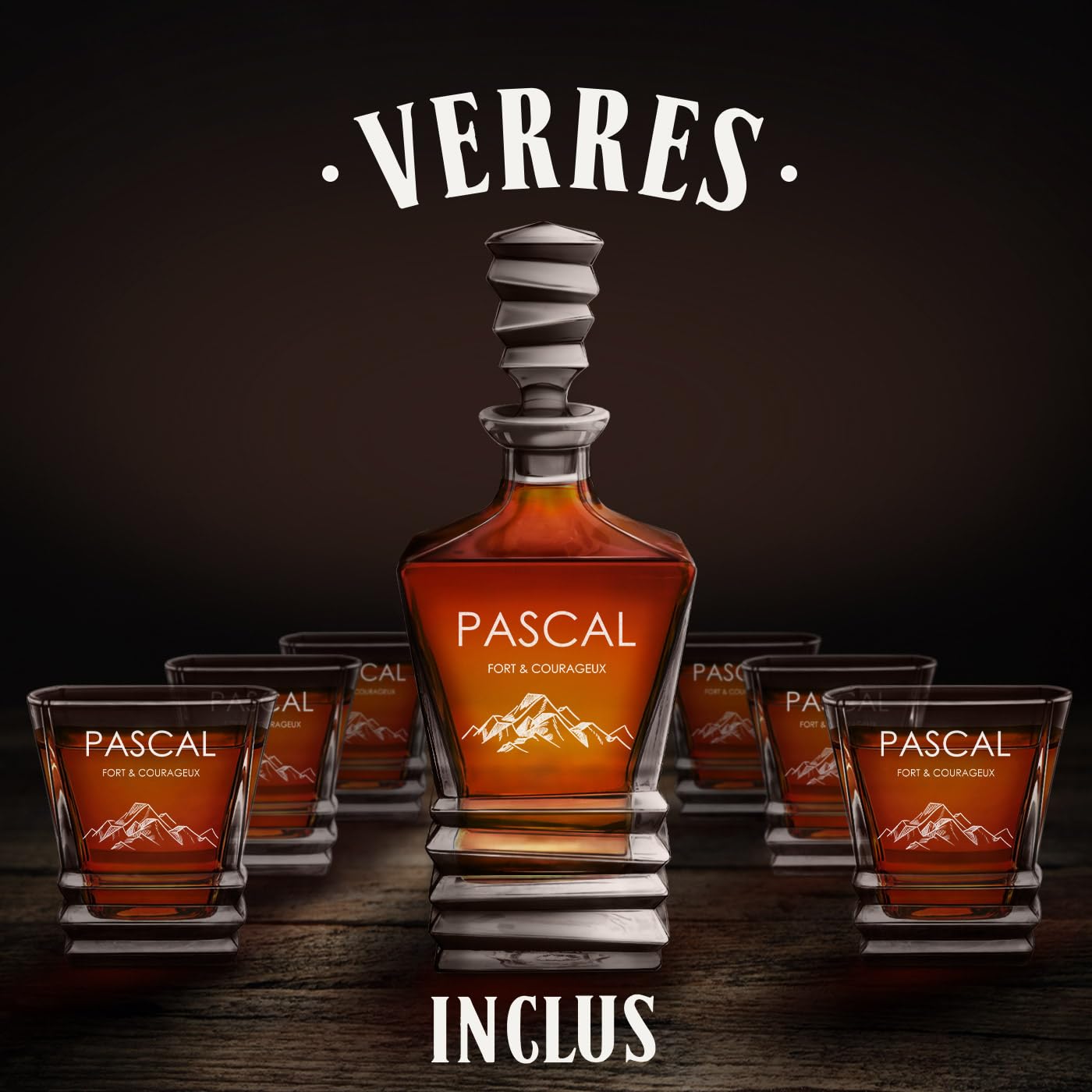 Maverton Décanteur et 6 verres pour ami - Produits en verre géométrique - Ensemble personnalisé pour homme - Set à whisky gravé pour mari - Whiskey set - Pour anniversaire - Fort