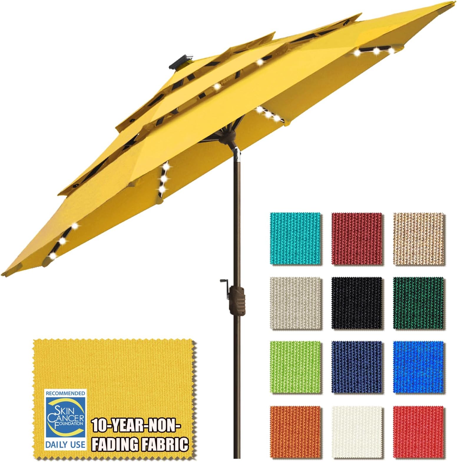 EliteShade USA 10-Year-Non-Fading Solar 9ft 3 Tiers Market Umbrella with 80 LED Lights Patio Umbrellas Outdoor Table with Ventilation,Sunflower Yellow