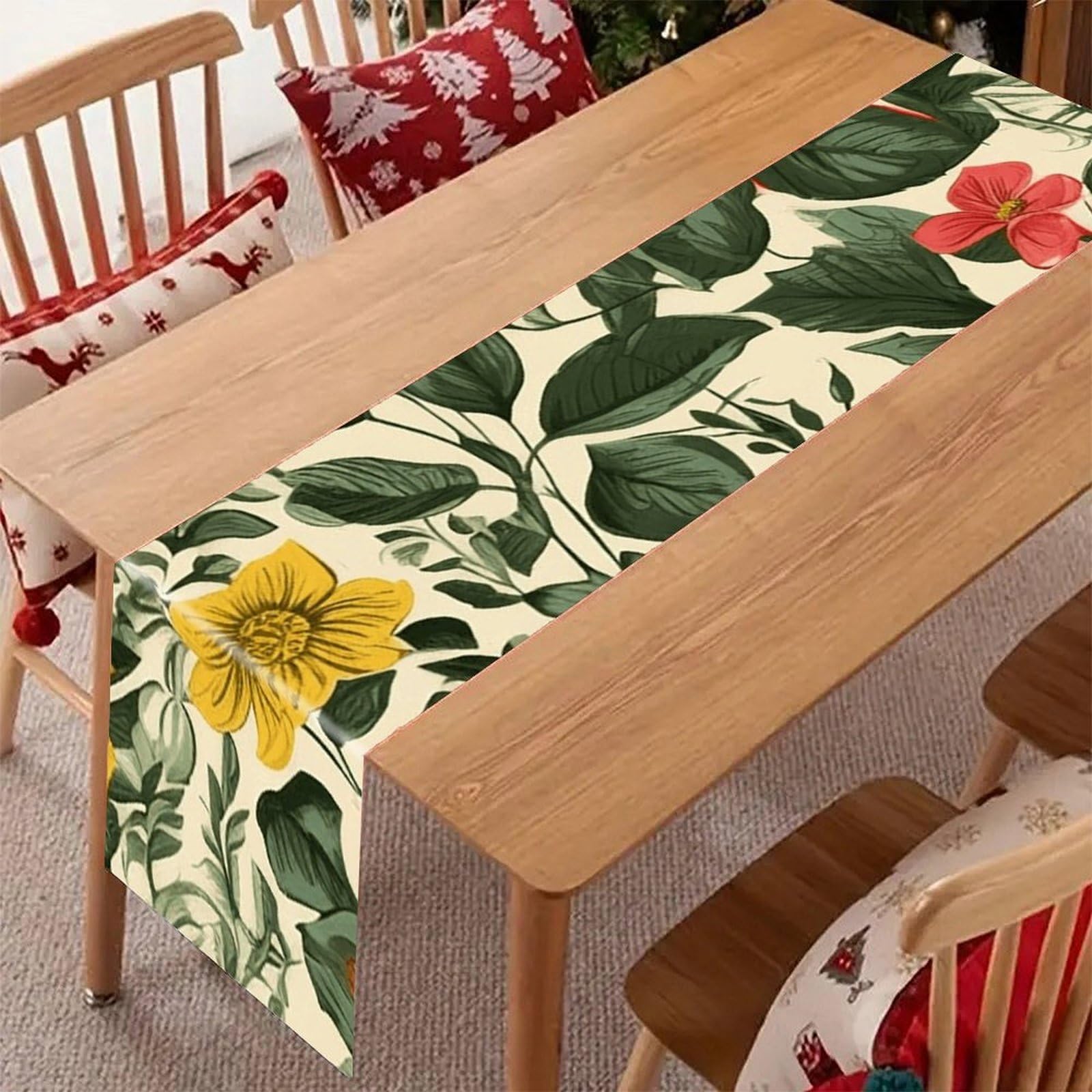 Khauerbc Style Rose Linen Table Runner-70.87*12.99 Inch,This Decorative Table Runner Is Wrinkle Resistant Table Mat. Embroidered Table Runners As Kitchen Dining And Coffee Tables.