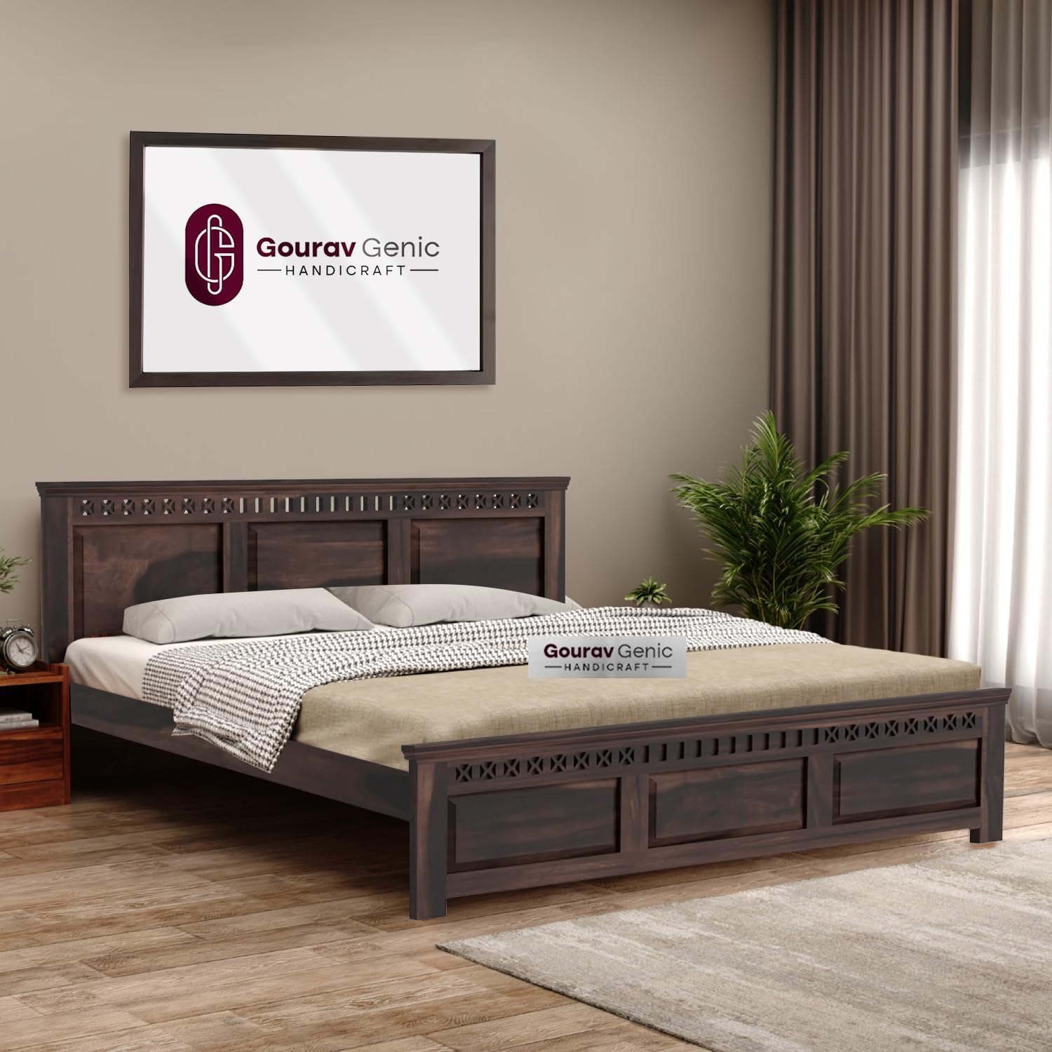 Sheesham Wood Queen Size Beds, Wooden Double Bed Furniture for Bedroom, Living Room Walnut Finish (215Lx157Wx87H cm, Kuber Flower)-image-15