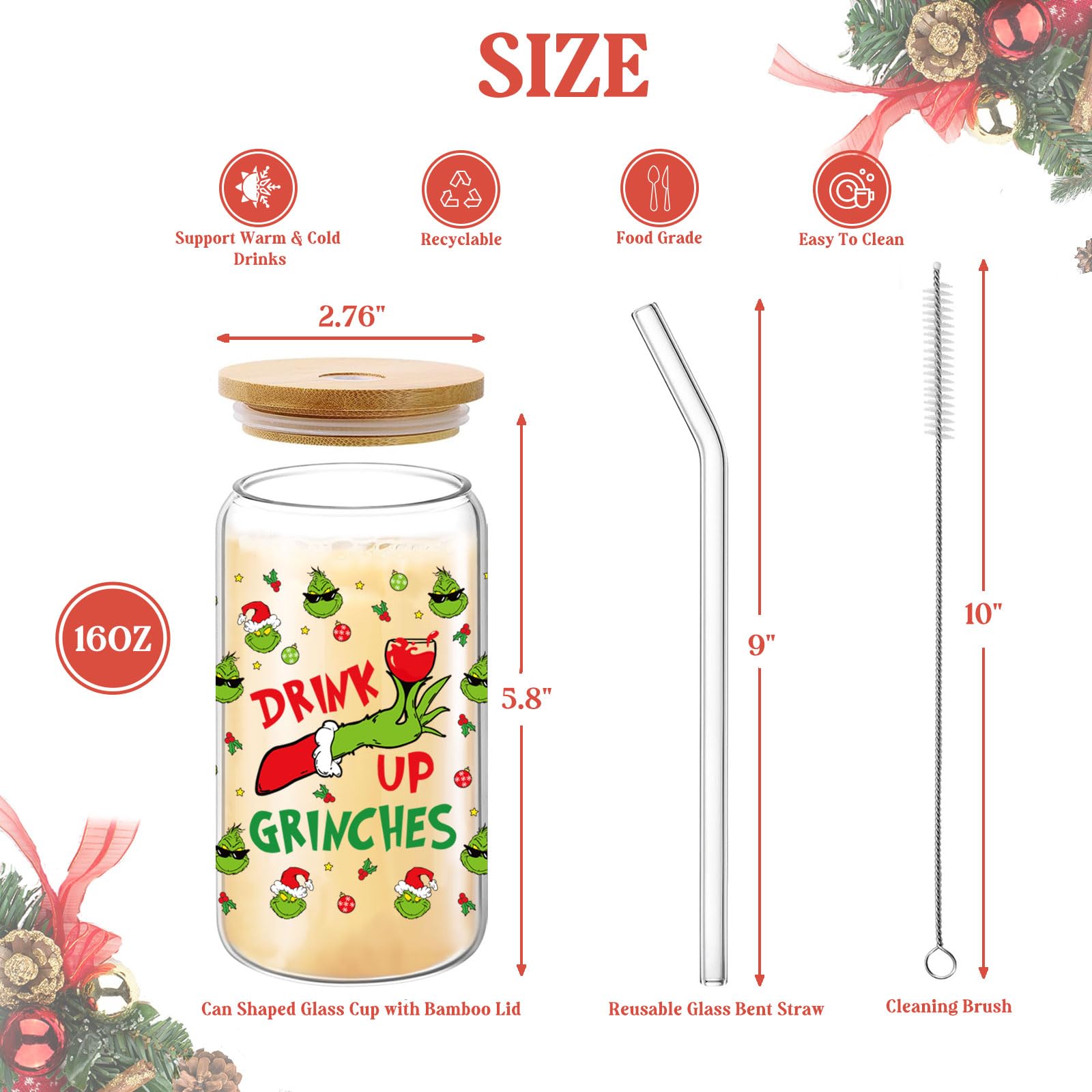 Funny Grinchs Glass Cup, 16 oz Christmas Iced Coffee Cups with Lids and Straws, Grinchy Beer Drinking Glass Tumbler, Holiday Party Supplies, Novelty Xmas White Elephant Gifts Stocking Stuffer