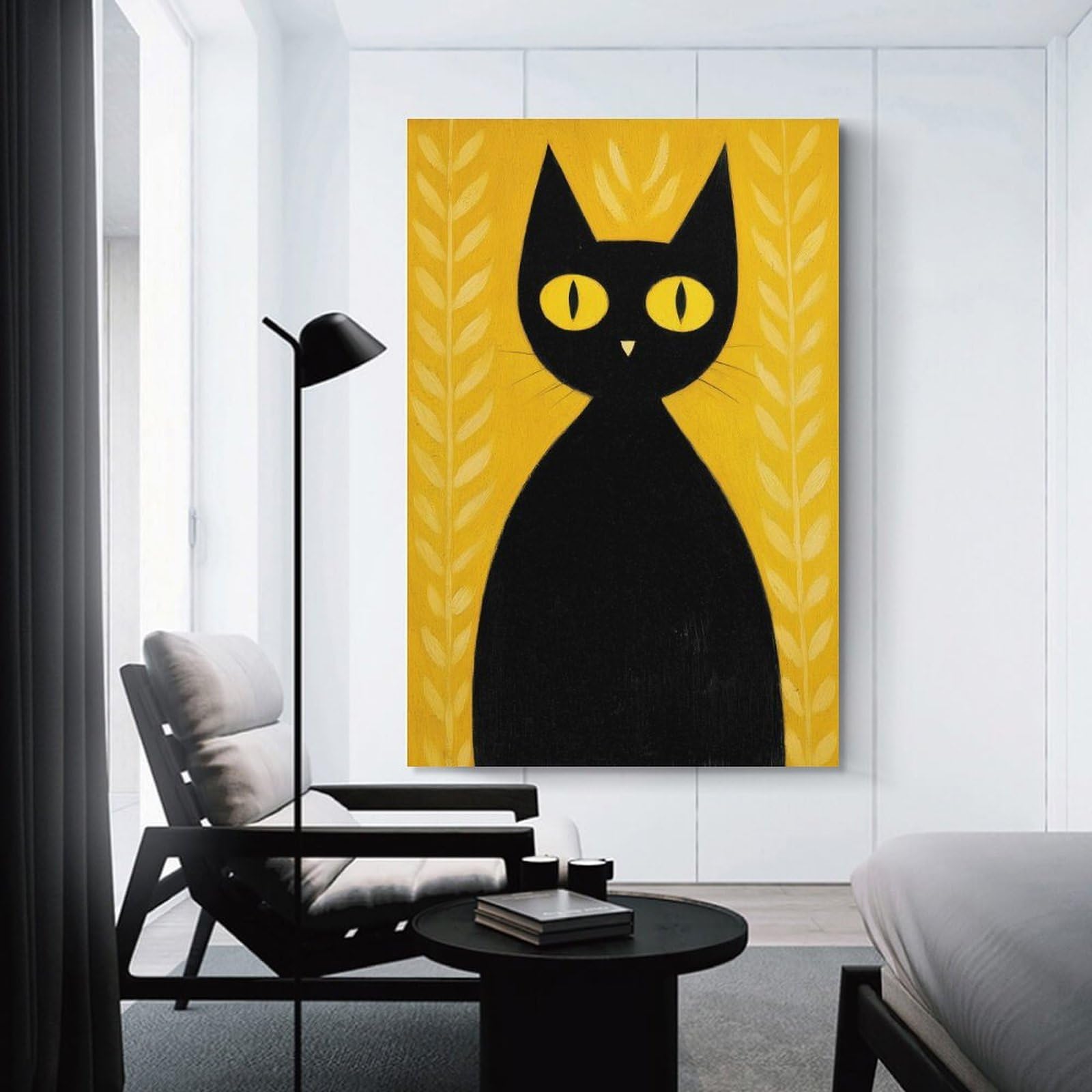 Junmoney Canvas Wall Picture Black Cat on Yellow Background, 24x36inch(60x90cm), for Study, Office Or Focused Interiors, Wall Art That Adds Style to Work Areas