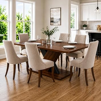 Extendable Dining Table Set for 6, Walnut Kitchen Table Set with 6 Chairs