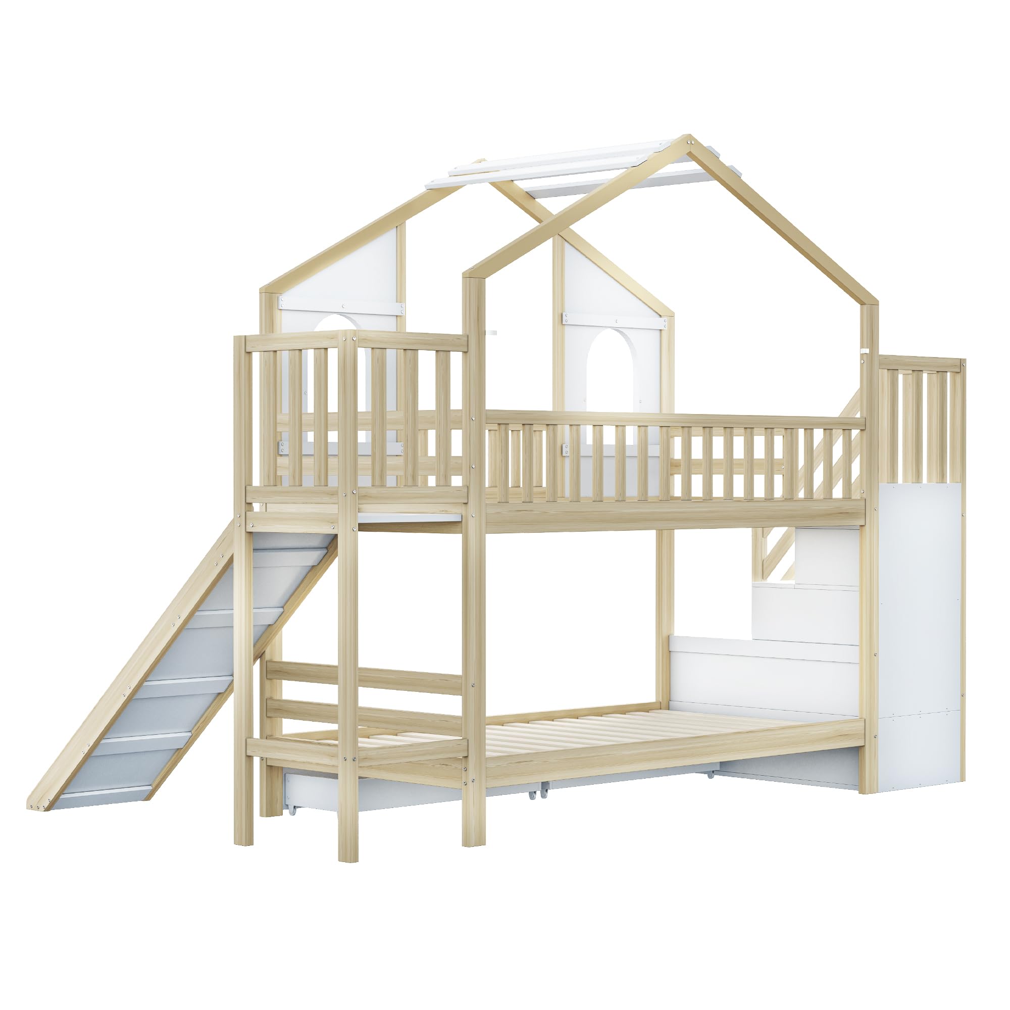 Dolamaní Kinderbett Hausbett 90x200 cm, Hochbett mit Treppe und Rutsche, Etagenbett 2 Betten mit Lattenrost & Stauraum, 2 Schubladen, Kiefer Holz, Bettgestell Holzbett, ohne Matratze (Natur + Weiß)