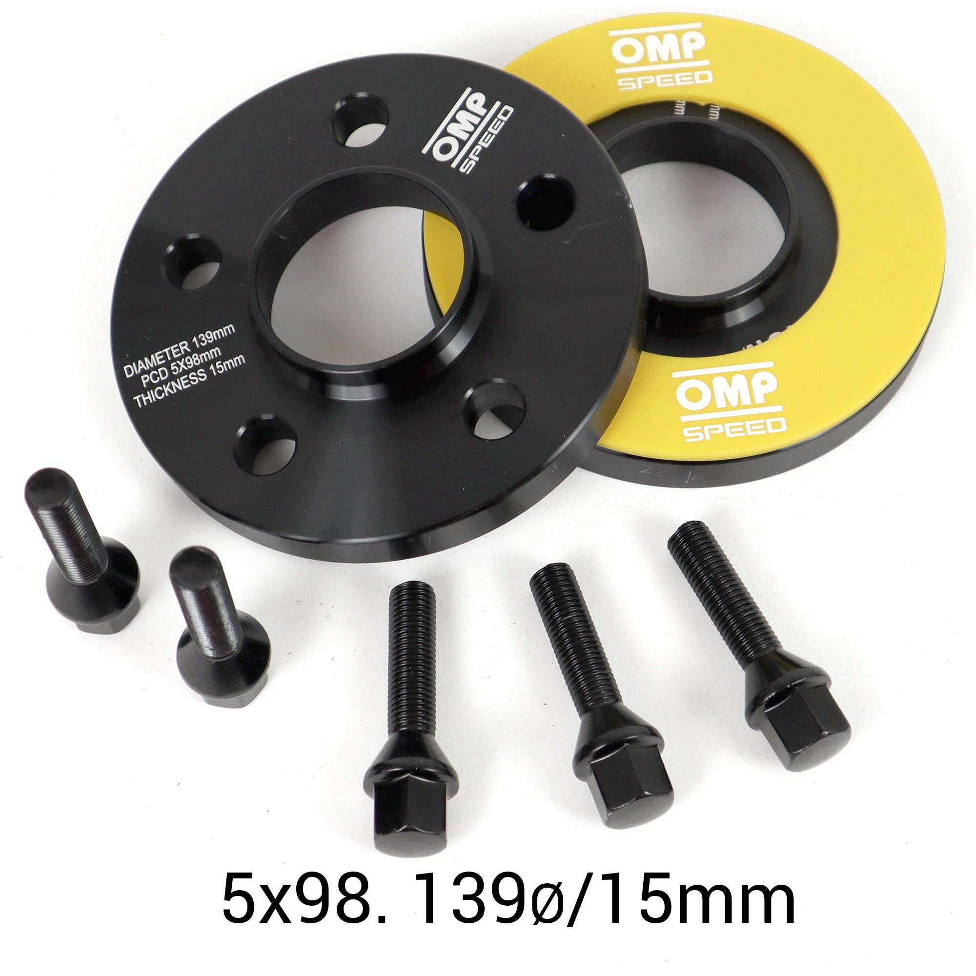 OMP Speed Satz von 2 Spurverbreiterungen Doppelzentriert Stärke: 15mm PCD: 5x98 CB: 58.1 OD: 139 Schrauben x20 M12x1.25 Kegel + 12x1.5 Kegel Schwarz Aluminium - OMPS08911501