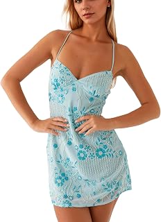 calbatic Women's Sequin Rhinestone Mini Dress - Sleeveless Deep V Neck Backless Sparkly Cami Club Party Dress