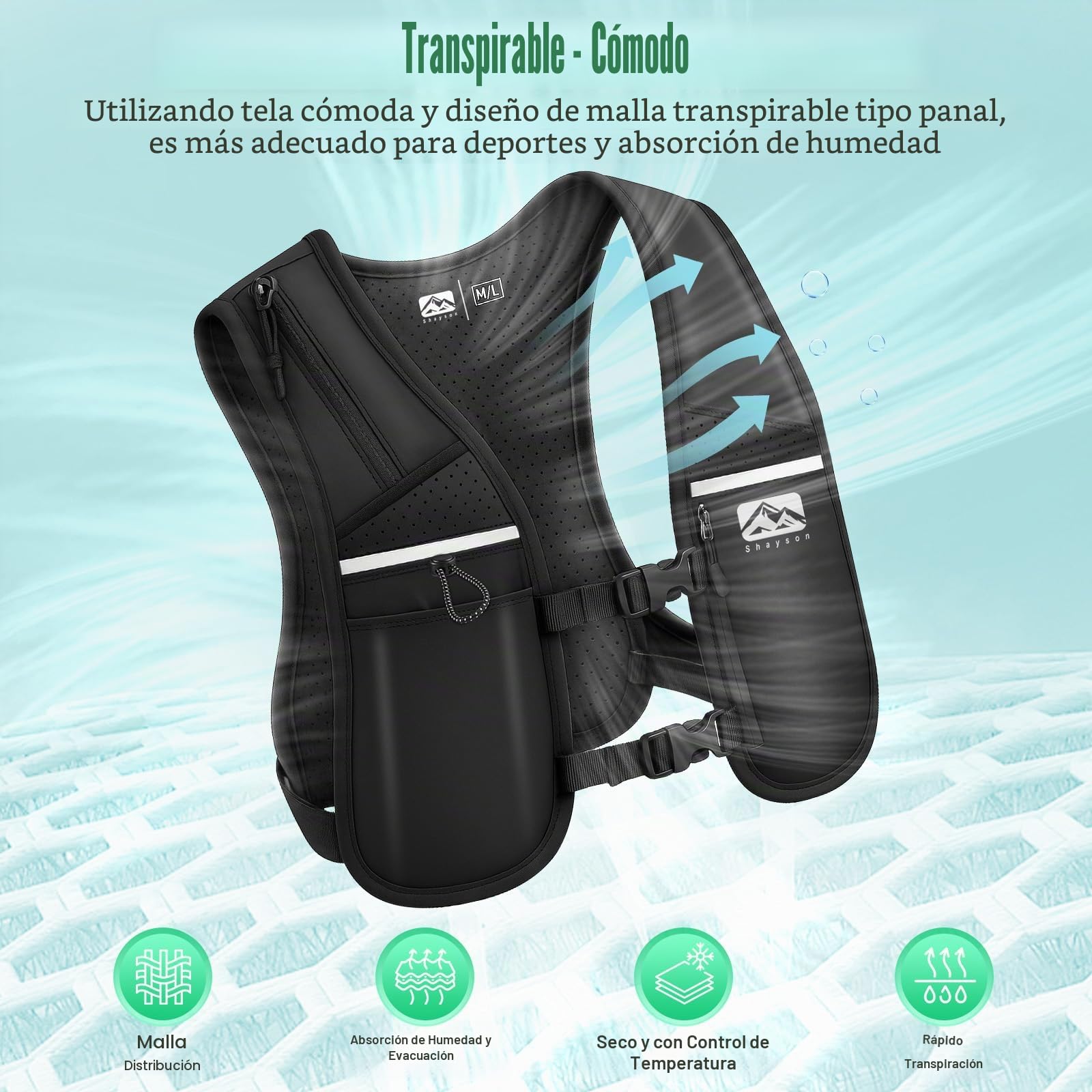 Chaleco de Running Shayson para Mujer y Hombre con Botella de Agua de 500 ml incluida, Correas de Pecho Ajustables, Transpirable y Reflectante