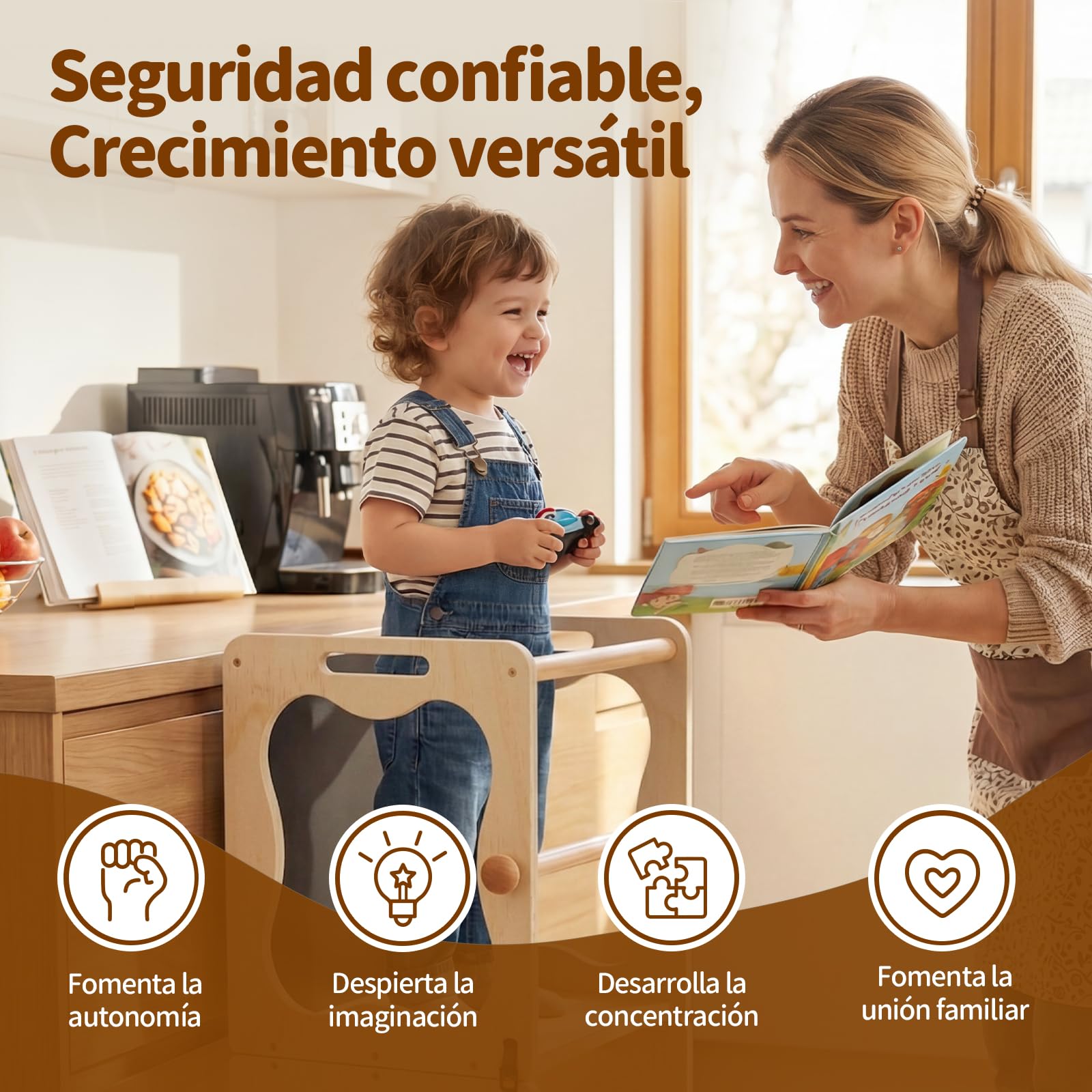 COSYLAND Torre de Aprendizaje Montessori 3 en 1 Convertible con Pizarra | Madera maciza, estructura en A con soportes de esquina; mesa con silla y pizarra para cocina, lavabo y dibujo