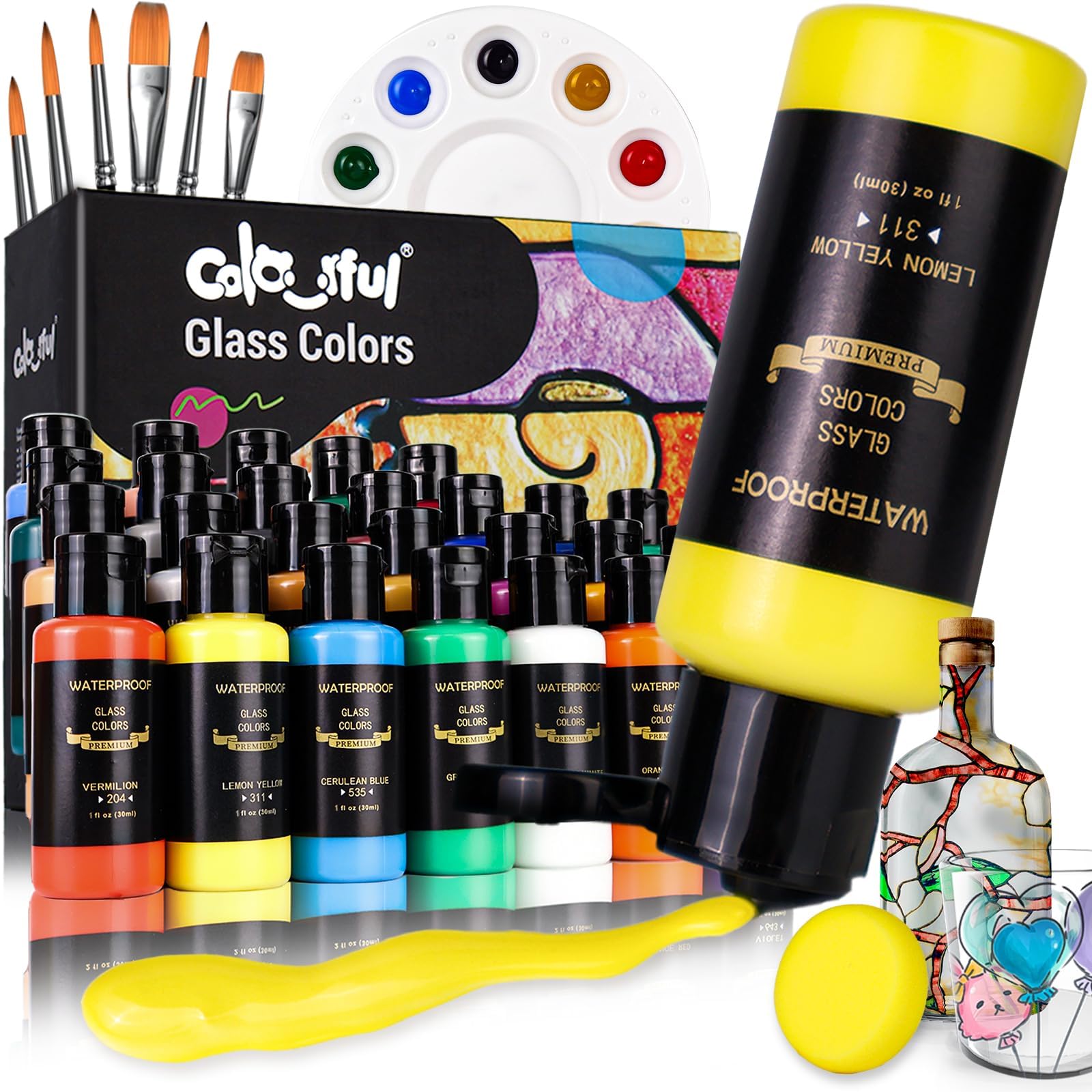 Permanent Paint Kit With 6 Brushes, 1 Palette & 1 Sponge - 30ml/Bottle 26 Colors Glass Paint for Gallery, Window, Art