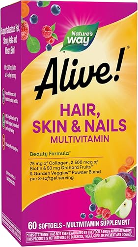 Nature's Way Alive! Multivitamínico para cabello, piel y uñas con biotina y colágeno, 60 cápsulas blandas
