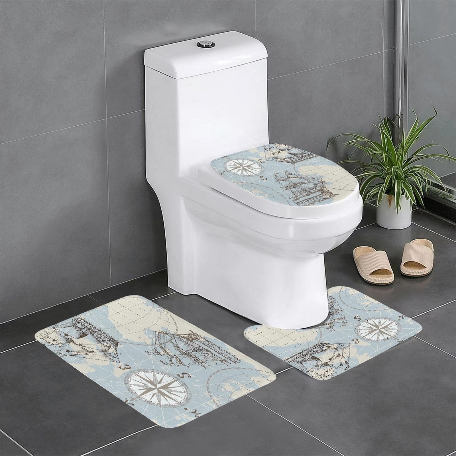 Set di 3 tappetini da Bagno, Lavabili in Lavatrice e Antiscivolo, in Morbida Fibra Superfine, con Motivo a Cuciture Marine e antichi Simboli nautici: Bussola e Nave.