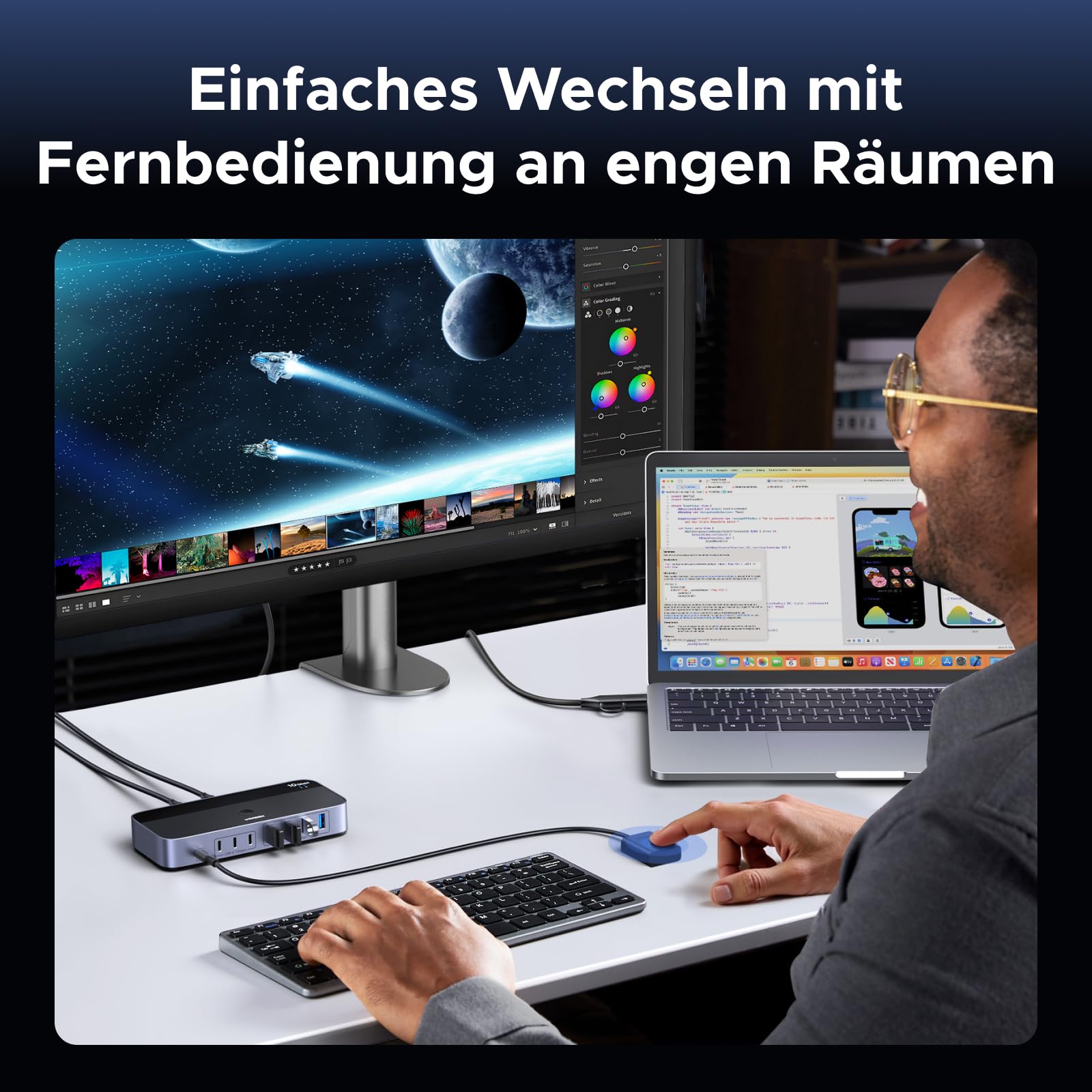 UGREEN 2 In 7 Out 10Gbps USB Switch 2 PC USB Umschalter mit 3C4A Ports, Netzteil, Fernbedienung und 2xC auf A/C Kabeln, KVM Switch kompatibel mit Mac mini M4/M4 Pro, MacBook Air M4, Windows usw.