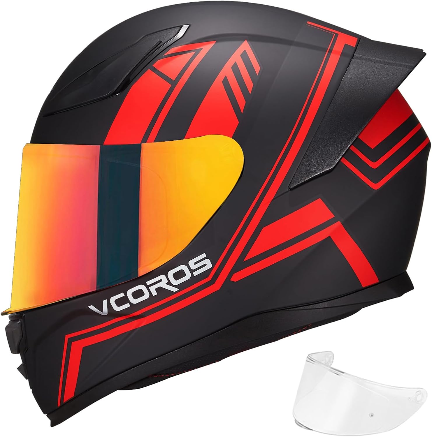 VCOROS Motorcycle Full Face Helmet for Unisex-Adults DOT Approved WS-609 Motorbike Street Bike Racing Helmets Matte Red Lines Small
