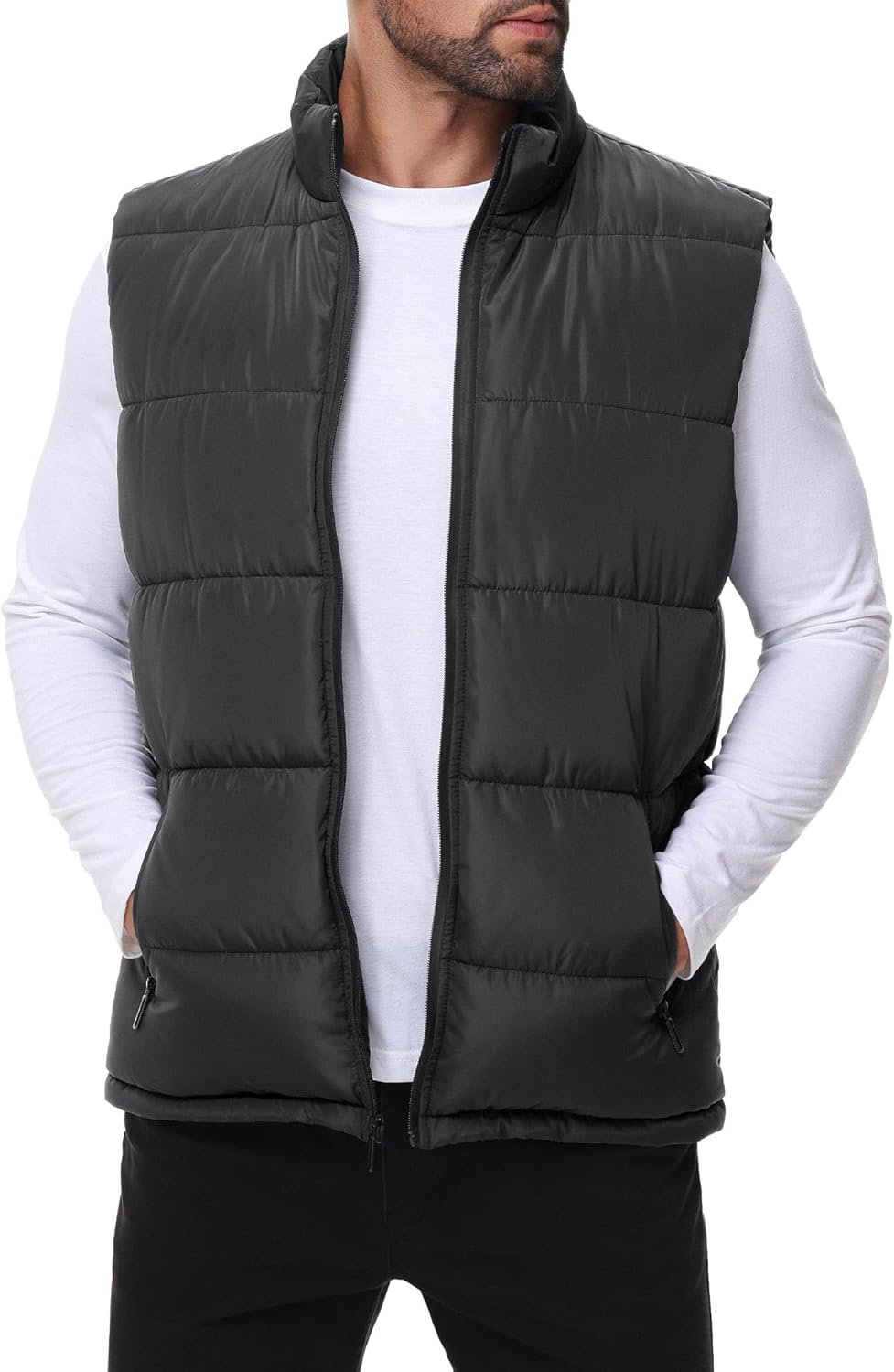 Men's Puffer Vest Water-Resistant Sleeveless Jacket Stand Collar Zipper Winter Warm Outerwear Dark Grey L