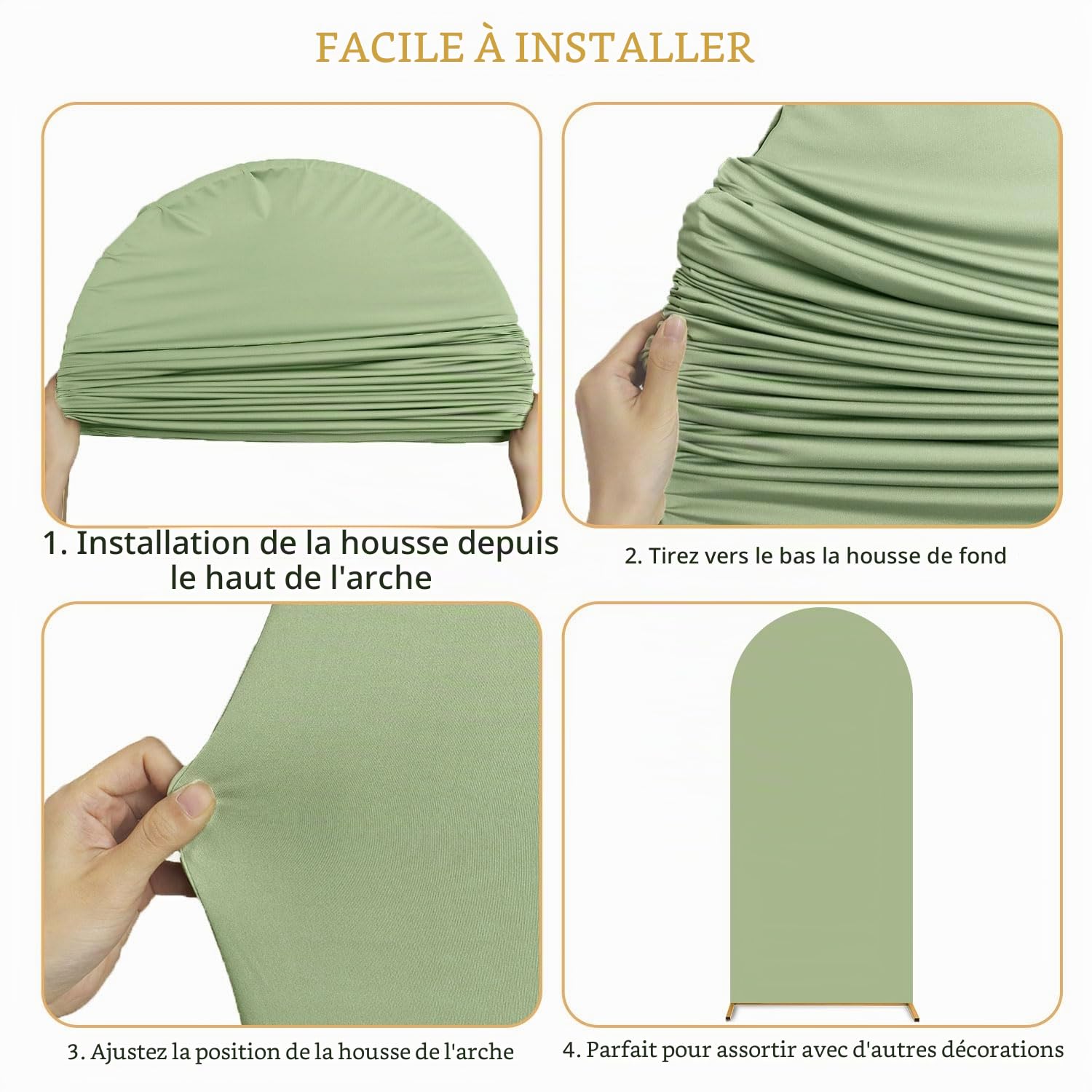 FUHSY Housse d'arche en élasthanne de 1,2 x 2,2 m, housse de toile de fond extensible vert sauge pour arche de mariage Chiara ronde en tissu pour support d'arche de guirlande, housse de cadre d'arche