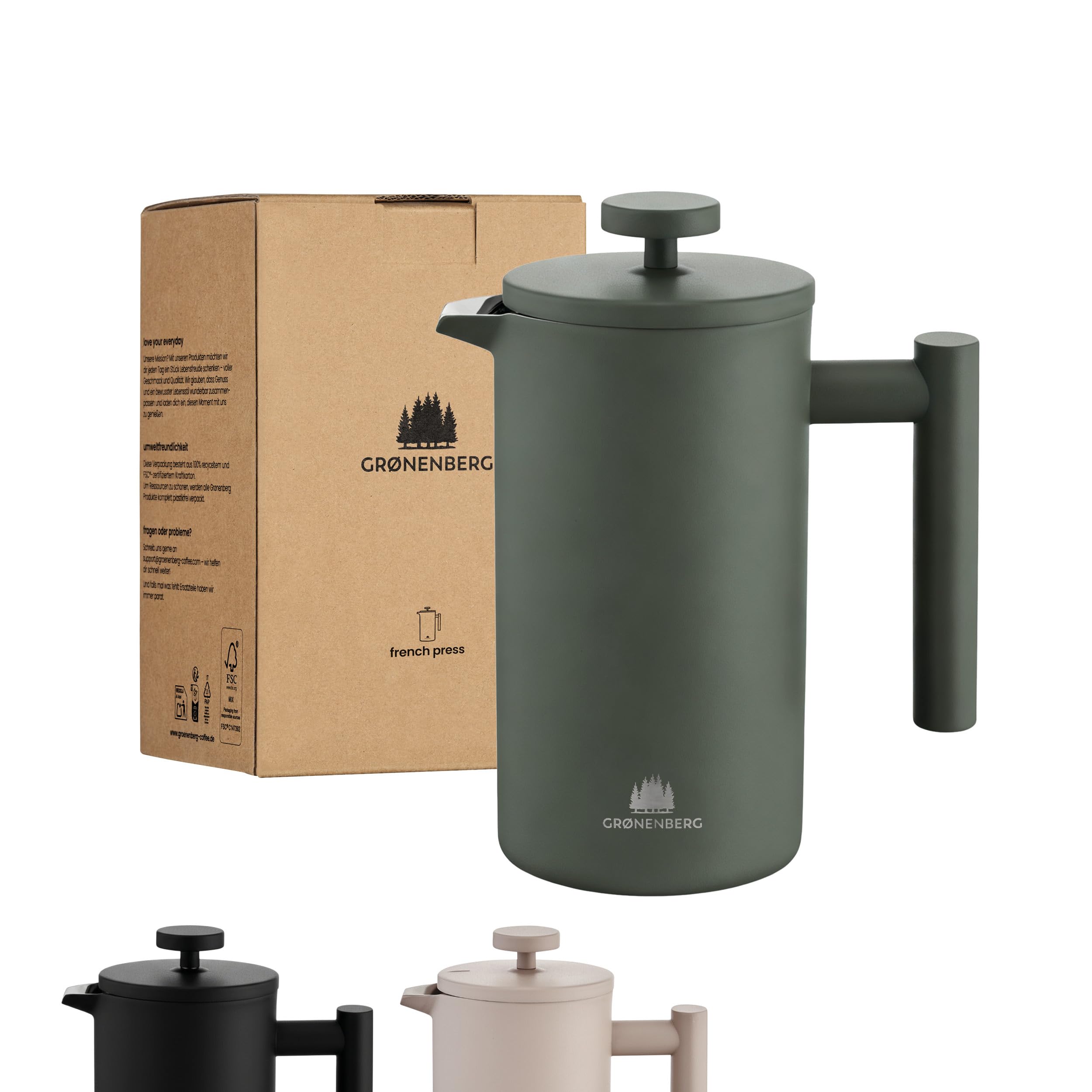 Groenenberg French Press Forest 600ml (3 Tazze) l Caffettiera francese in acciaio inox l Caffettiera pistone con filtri di ricambio e funzione termica