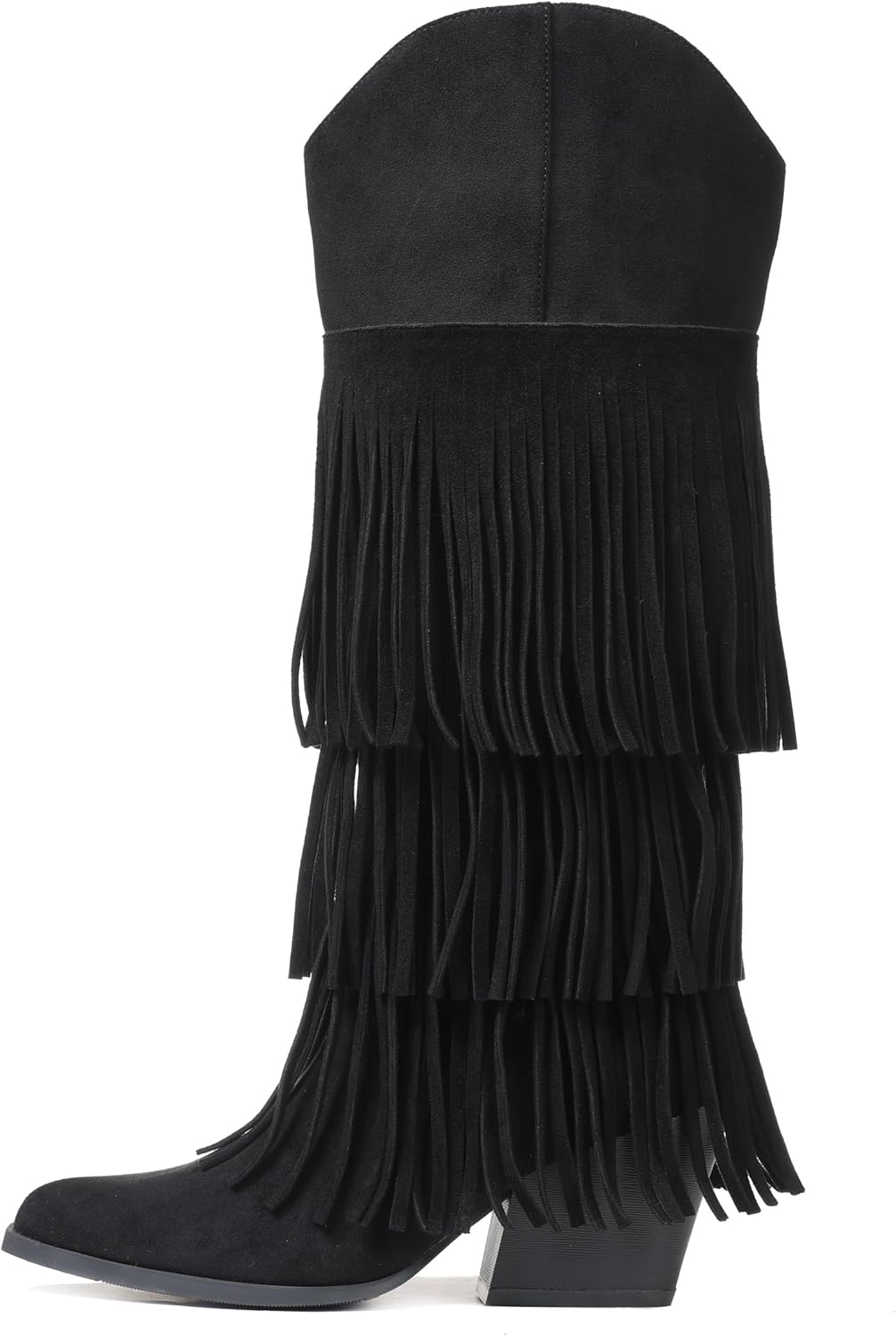 Cowgirl Boots for Women Retro Pointed Toe Pull On Block Chunky Heel Fringe Country Concert Outfits Knee High Western Suede and Faux Leather Cowboy Boots - Image 7