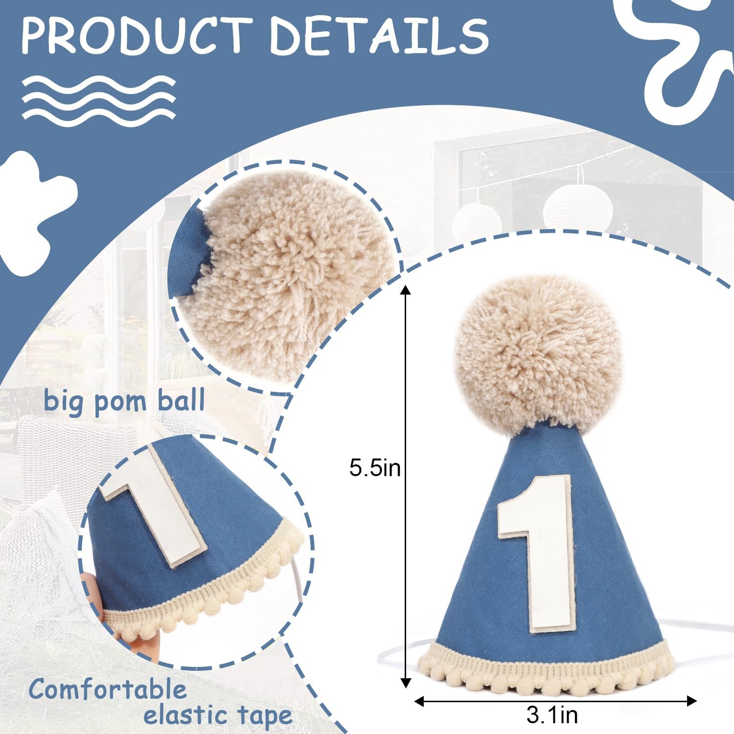 Boys 1st/First Birthday Cone Hat - One Year Old Boy Birthday Decorations. - Image 2