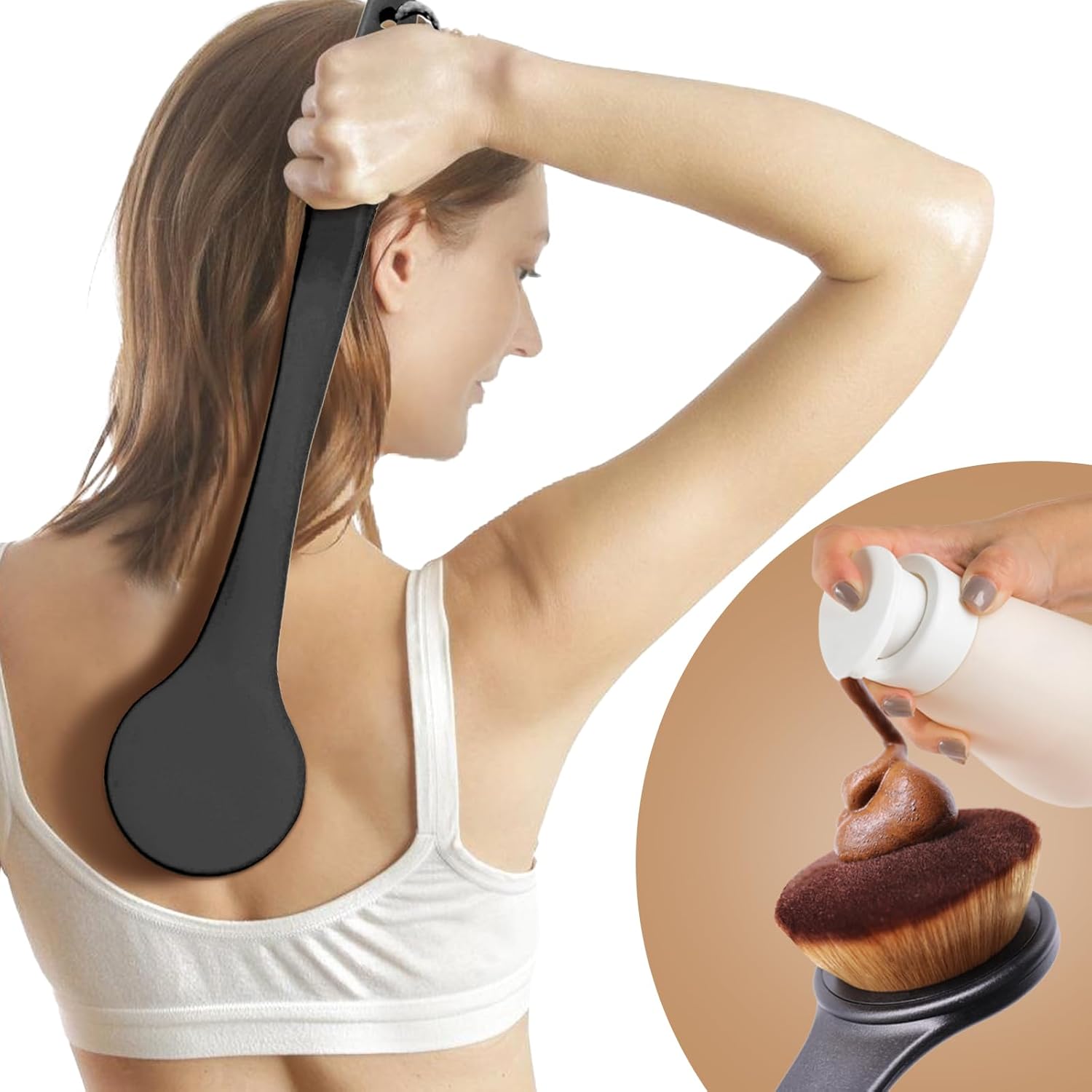 Extra Large Body Makeup Brush For Self Tanner, Sunscreen, Self Tan Back Applicator, Wide-Headed Kabuki Brush for Even & Pretty Lotion Application. Bronzer Blend, Long-Handle Face Leg Brush- Black