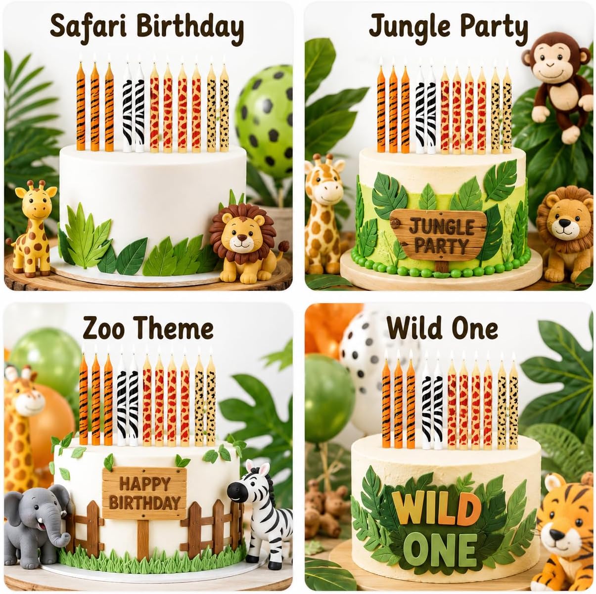 Oasis Supply 24-Pack Safari Animal Print Birthday Cake Candles, 2.5" Jungle Theme Candles for Cakes, Cupcakes, Kids Parties, Zoo & Wild One Themes