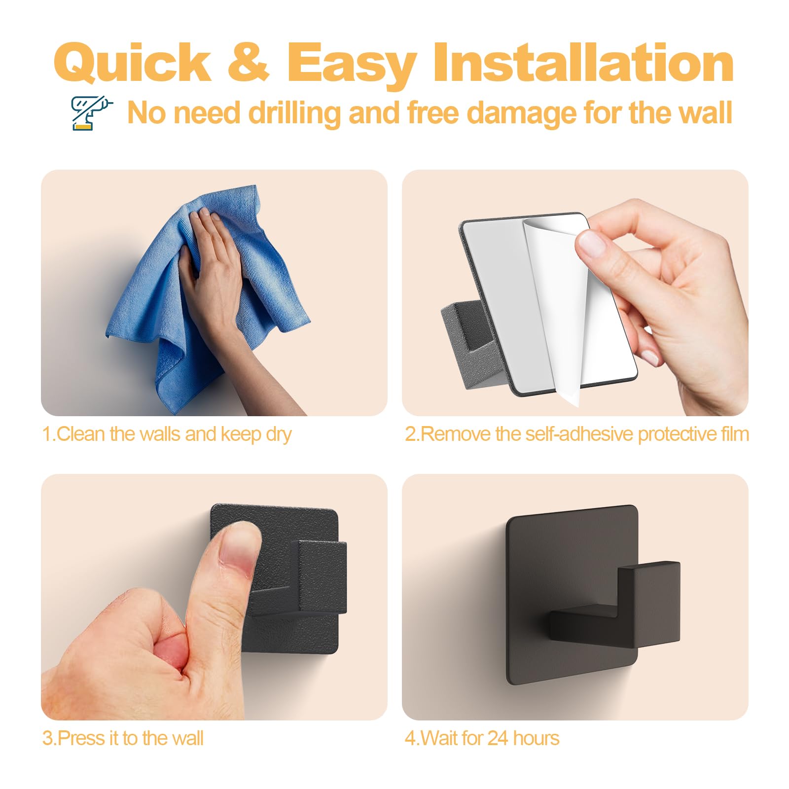 PMMASTO PMMASTO Black 4 Pack Self Adhesive Wall Hooks for Hanging, Stick On Wall Hanger Hook for Shower, Robe, Hat - Aluminium in use