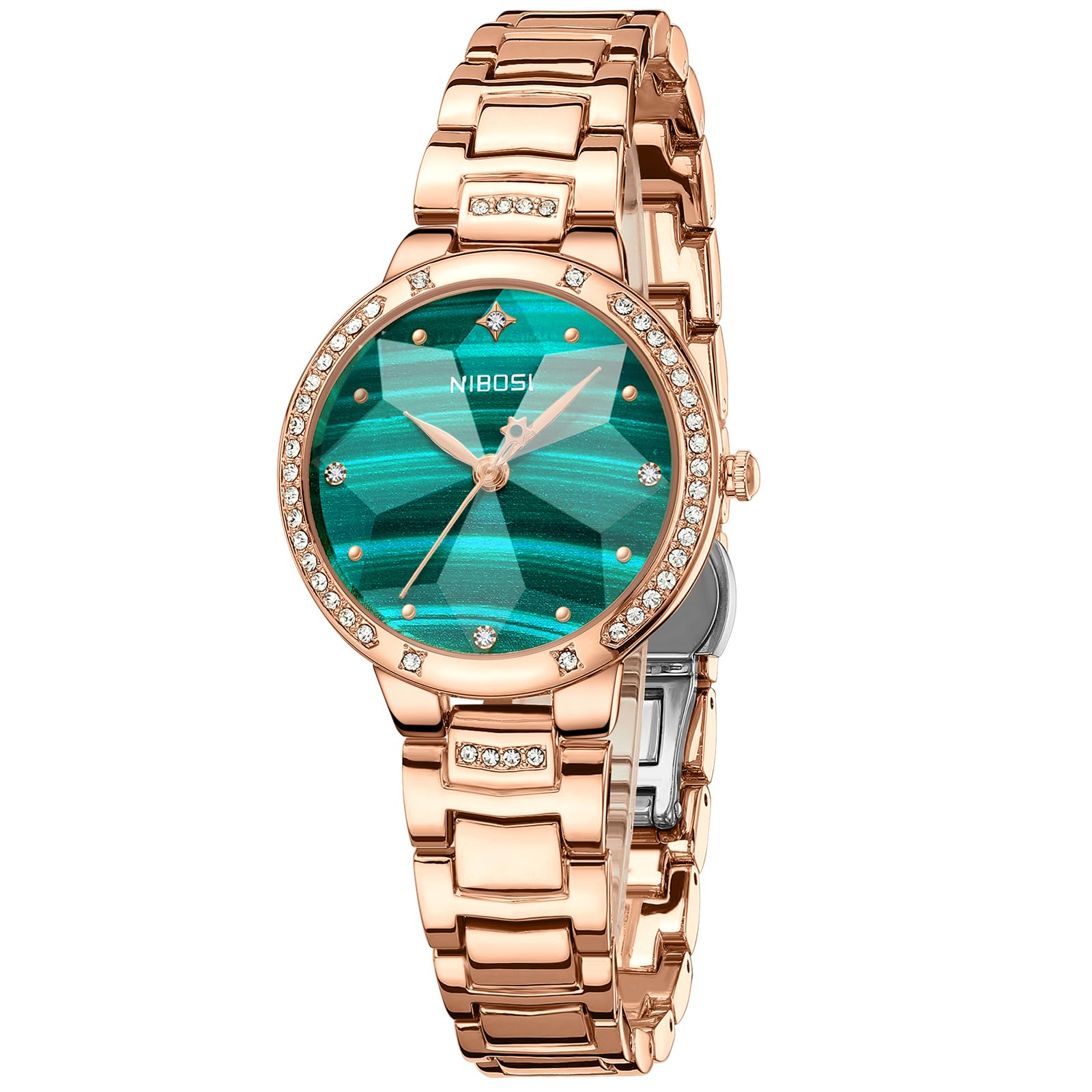Watch for Woman Analog Quartz Rose Gold Stainless Steel Band Luxury Ladies Watch Stylish Diamond Green Dial Wrist Watches Waterproof-image-20