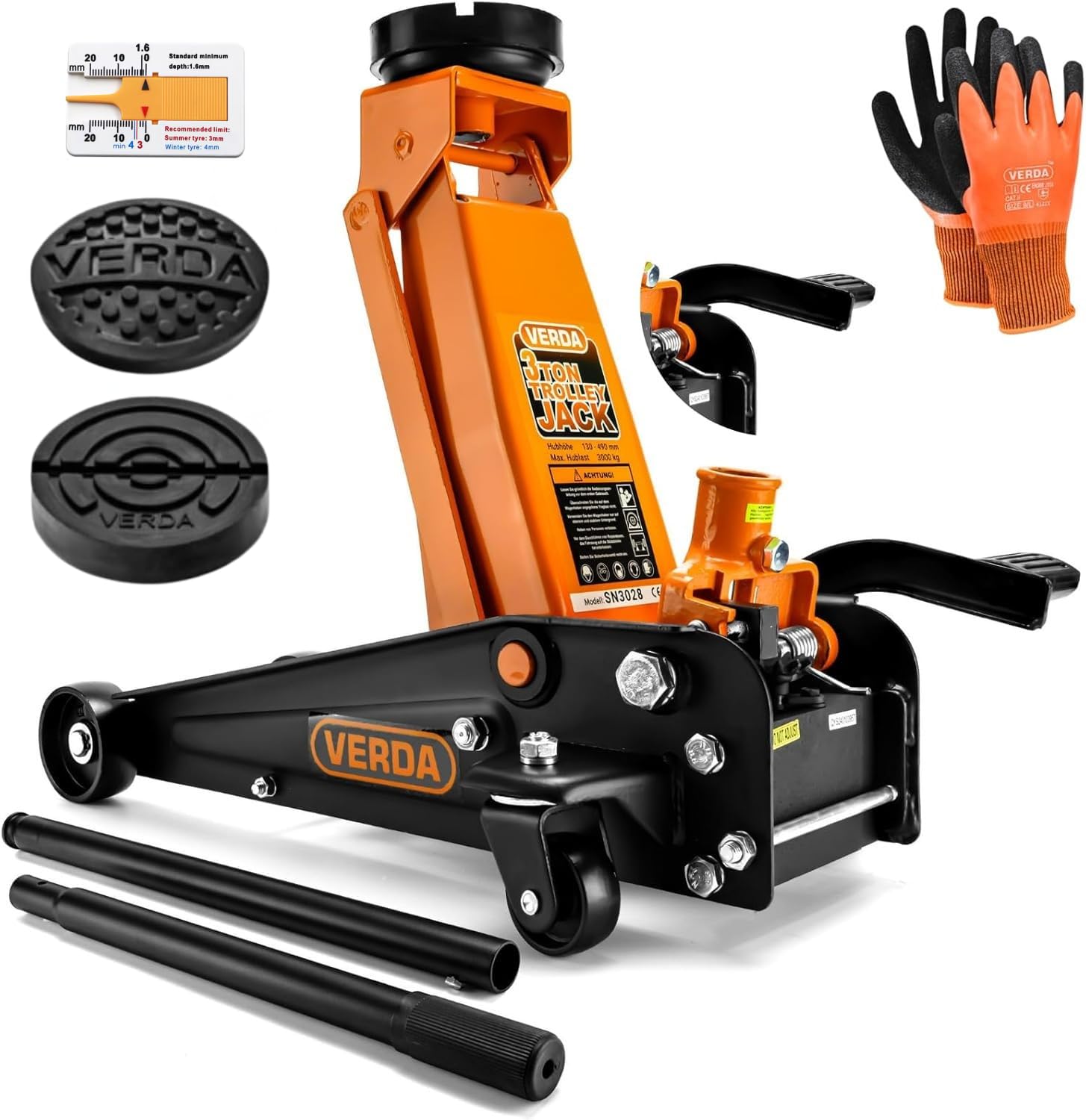 Cric Hydraulique 3T Verda (130–490 mm) Cric Rouleur Profil Bas avec Double Pompe & Double Piston – avec Patins en Caoutchouc & Gants de Montage – pour Voiture, SUV