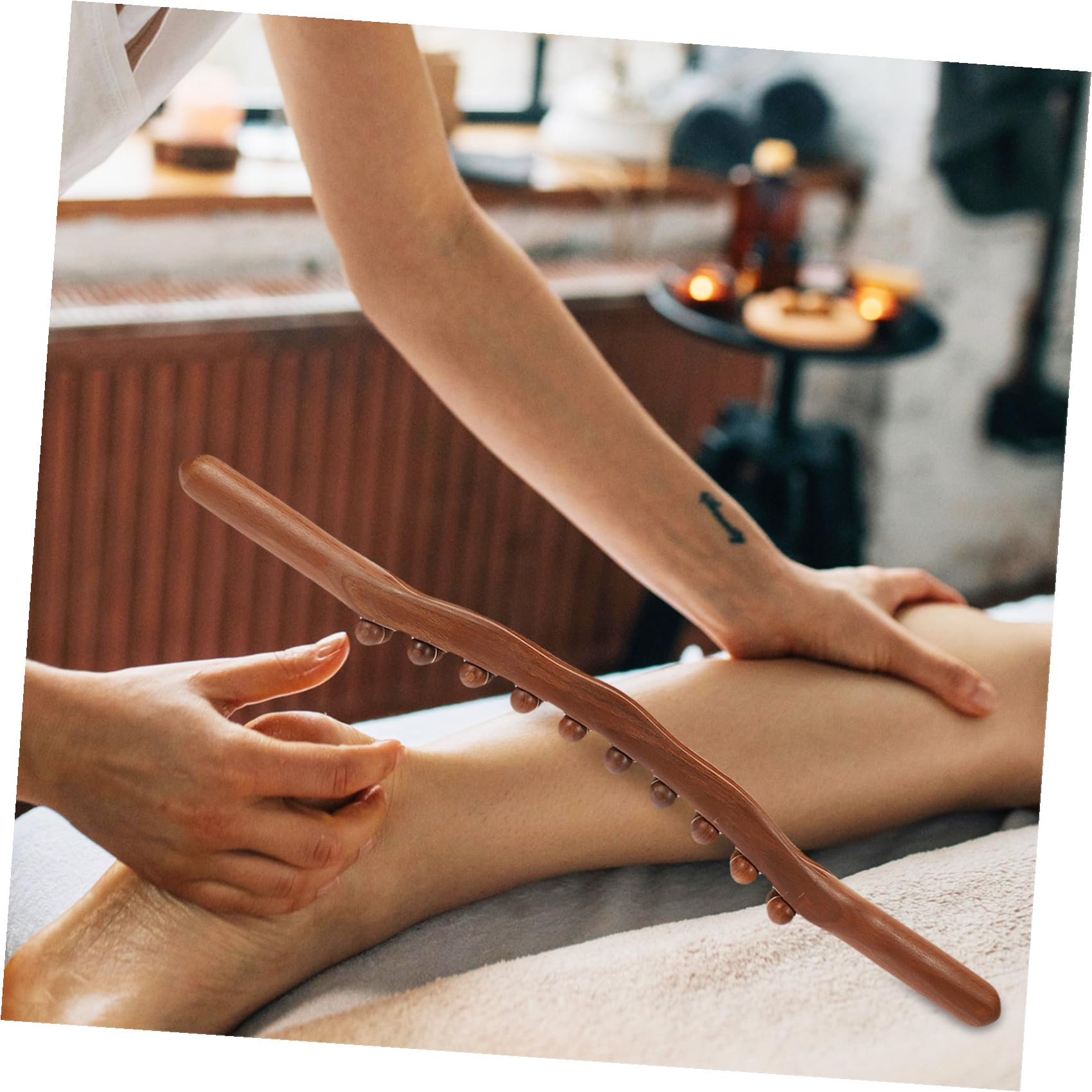 Palo de Maderoterapia en Madera Maciza 20 Perlas Redondas | Agarre Ergonómico, Mango Antideslizante, Abdomen y Brazos, Gimnasio u Oficina, Tejido Profundo