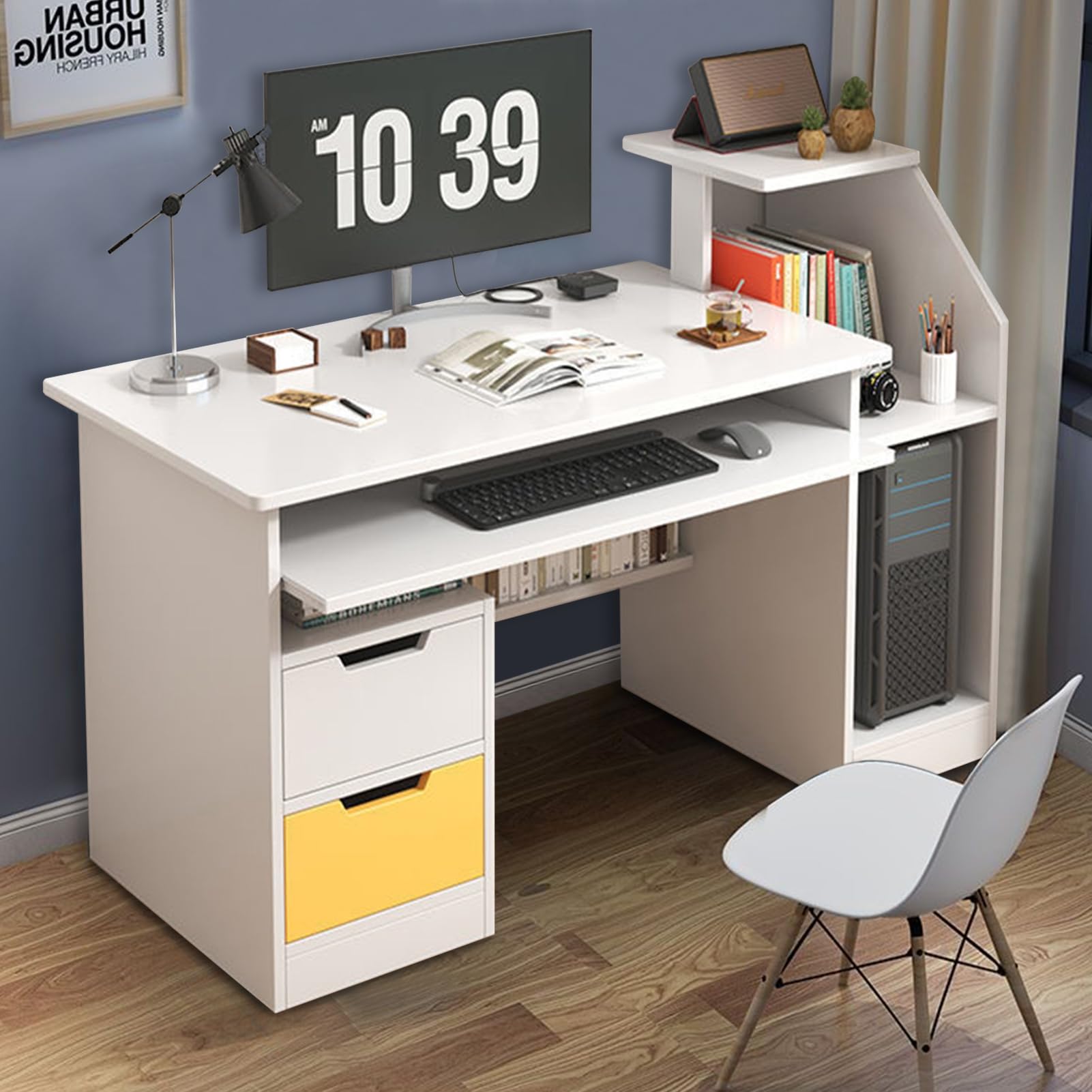 Saterkali Escritorio para computadora con 2 cajones, escritorio de computadora con almacenamiento y 3 estantes de gabinete, escritorio de oficina en casa con escritorio ancho y cajón para teclado,