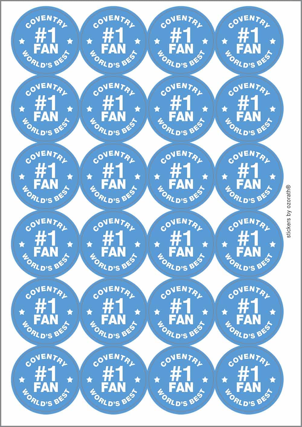 Coventry #1 Fan Circular Matt Paper Stickers A4 Sheet of 24 (Each Sticker is 45mm Diameter)