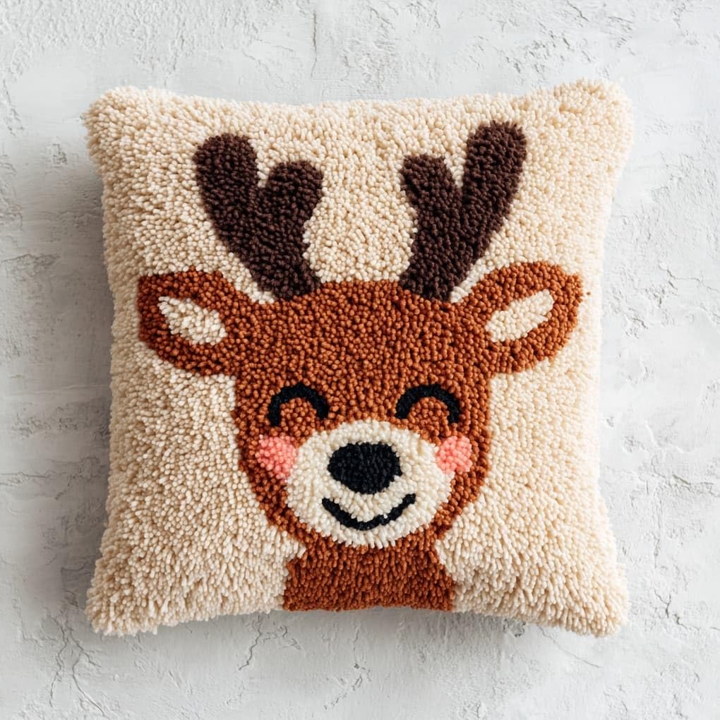 Henypt DIY Latch Hook Pillow Set 17x17 Inch,Smiling Deer Printed Canvas Needlework Kit,All-in-One Craft for Sofa Decor & Family Activities