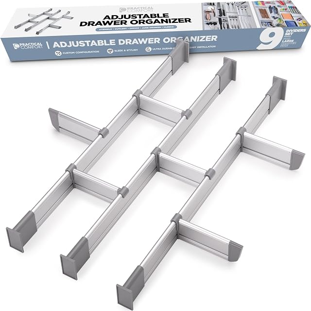 Practical Comfort Drawer Organiser, Adjustable Aluminium Drawer Insert for Clutter-Free Kitchen, Drawers, Office, Clinic, Set of 9 Dividers (3 Long + 6 Short) 50 - 55.5 cm Deep