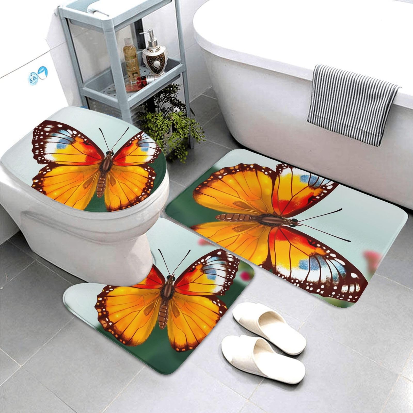 Set di 3 tappetini da bagno in flanella, antiscivolo, con coperchio, decorazione per la casa