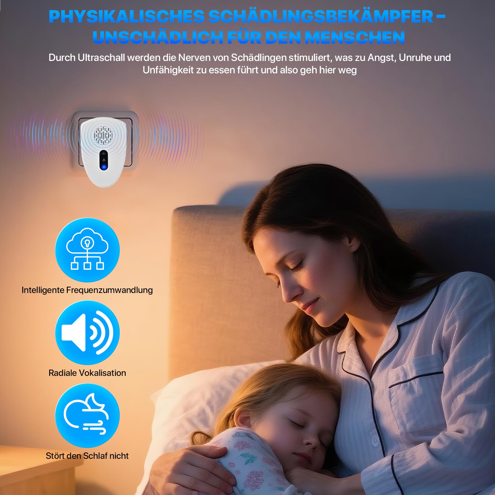 [2026 Upgrade] Ultraschall Schädlingsbekämpfer (4 Stück) – Mückenstecker Mückenschutz gegen Mücken, Fliegen, Kakerlaken, Spinnen – 3 Modi Milbenabwehr, steckerfertig für Schlafzimmer, Kinderzimmer