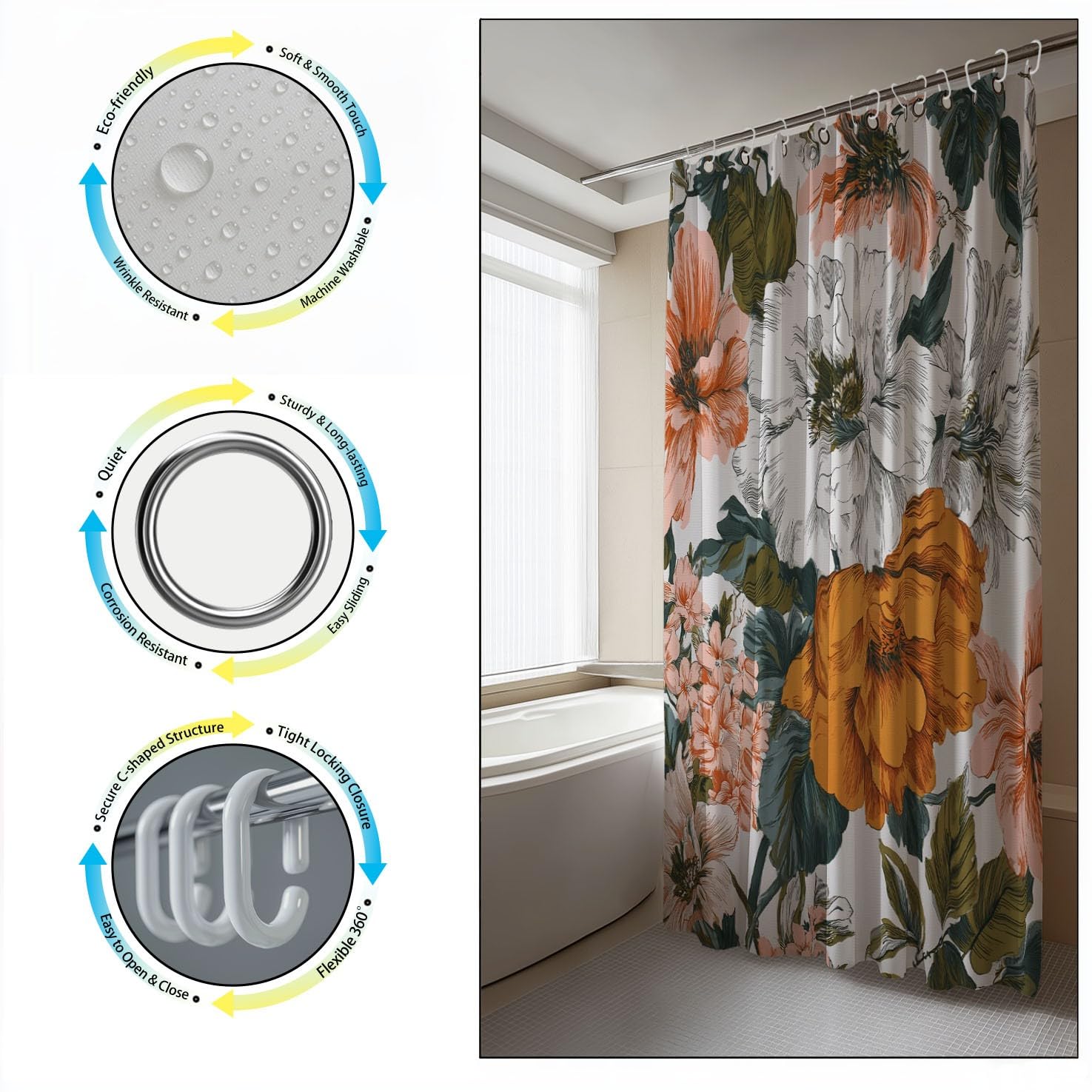 Generico Stile Bohemien Tenda Da Doccia Fantasia Astratto Fiori Multicolore, Tenda Da Doccia Per Bagno, Vasca Da Bagno, Tenda In Poliestere Impermeabile Con Ganci In Plastica, 200 x 200 cm