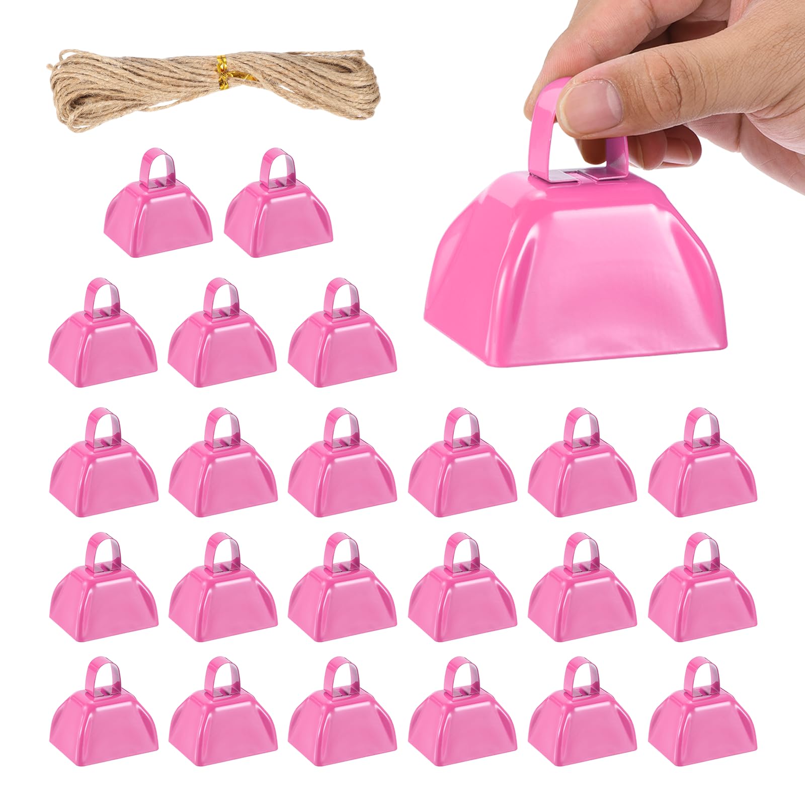 PATIKIL 24pcs Cow Bells for Football Games 3 Inch Cowbells for Sporting Events Bulk Loud Noise Makers Metal Cow Bell with Rope for Cheering Wedding Pink