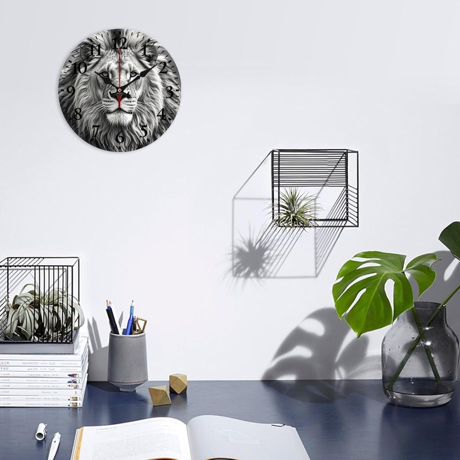 Wall Clock 34cm/13.39in Non-Ticking Silent Modern Simple Style Round Decor Clocks Black And White Lion Head Clock Decorative Battery Operated Wall Clocks for Office Living Room Bedroom Home Decor