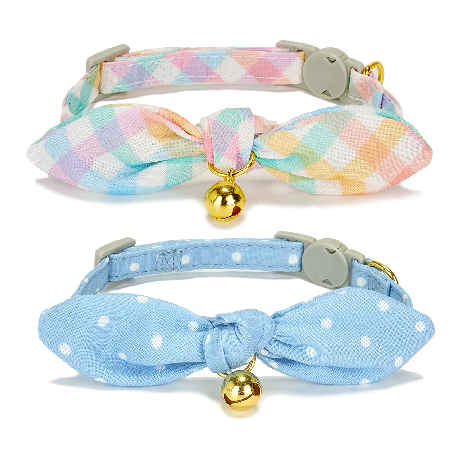 YUDOTE Bowtie Cat Collar with Bell, 2 Pack Cotton Breakaway Kitten Collars with Removeable Bow Stylish Cat Collars, Gradient Plaid & Polka Dot Blue