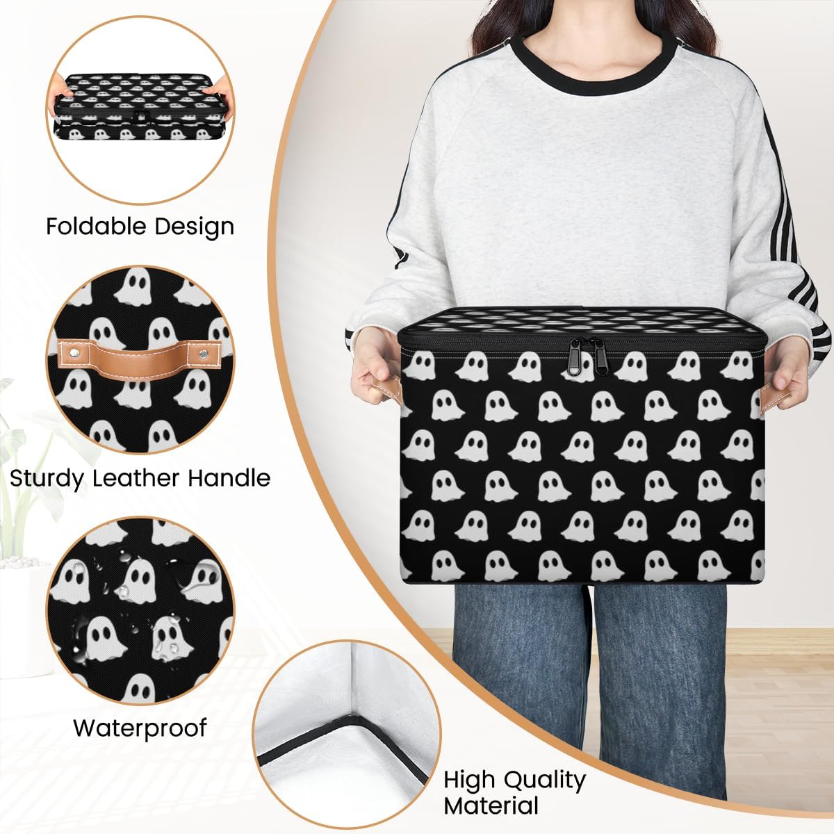 Storage Bin Set of 2 Ghost Storage Basket with Zipper Lid & Handle Foldable Closet Shelf 2 Pack Cloth Organizer Basket Cube Bins Clothes Organizer for Bedroom, Nursery