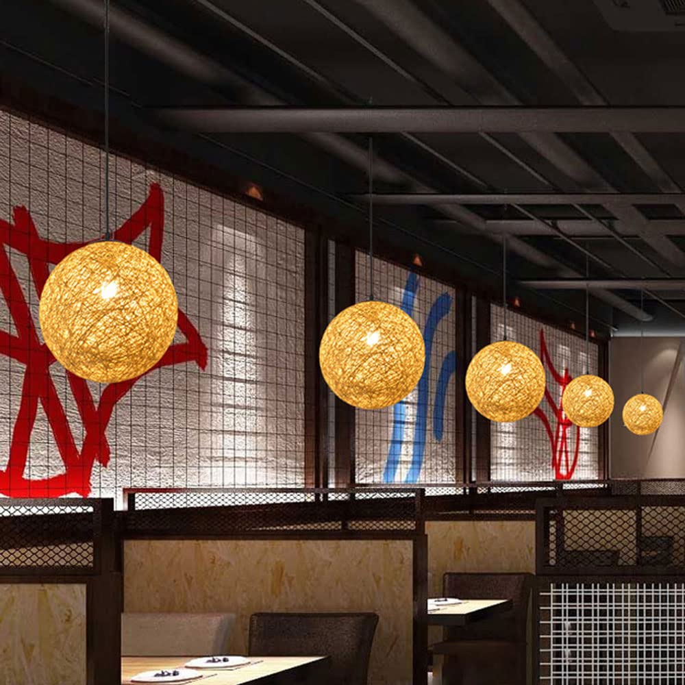 Azjatycki styl bambusowa lampa wisząca w kształcie kuli - 15,7" szeroka drewniana lampa sufitowa z regulowanym przewodem do jadalni i salonu, oświetlenie restauracji, beżowy design