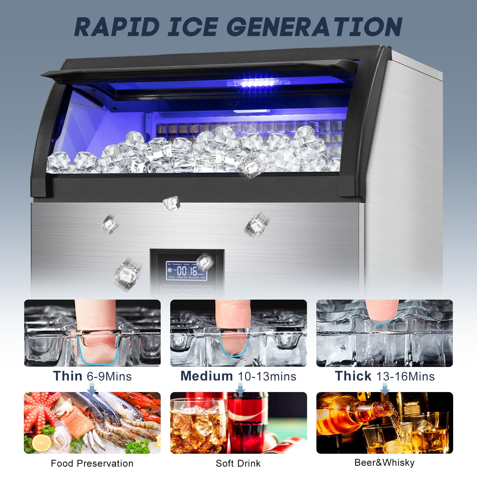 Commercial Ice Maker Machine 360lbs/24h With 80lbs Storage Bin, 126pcs Ice Cubes Ice Machine Stainless Steel Undercounter/Freestanding Ice Maker For Home Bar Outdoor, Self Cleaning on Fridge.com - View 2