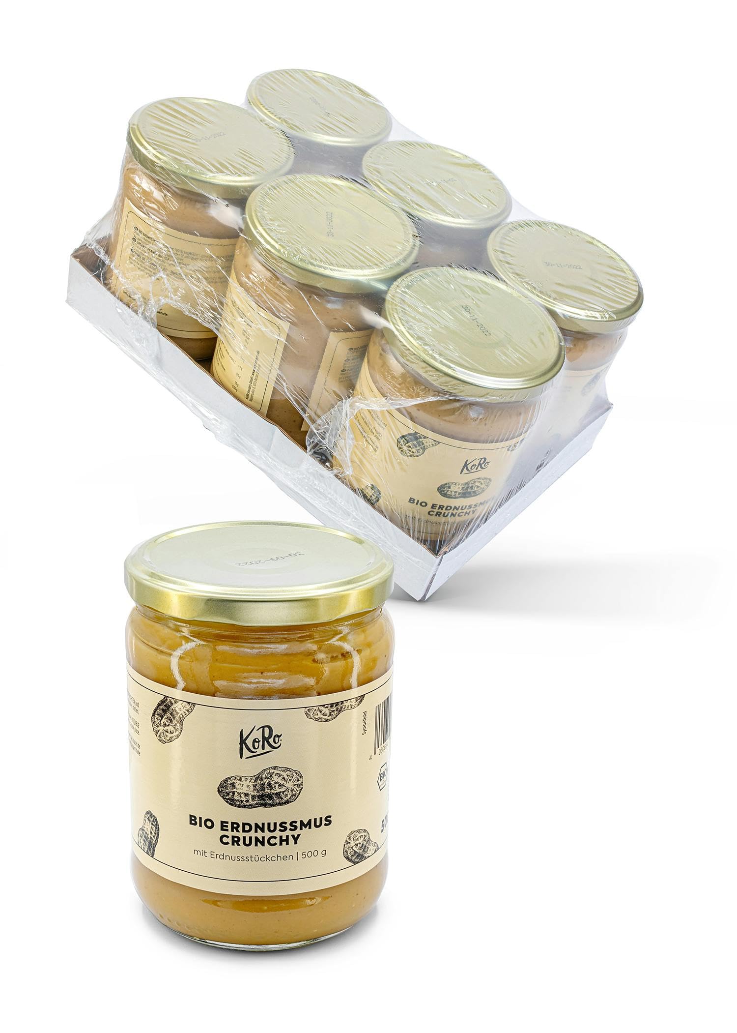KoRo - Beurre de cacahuètes crunchy bio 6 x 500 g - Purée de cacahuètes 100% naturelle avec morceaux - Riche en protéines et en fibres - Sans sel ni sucre ajouté